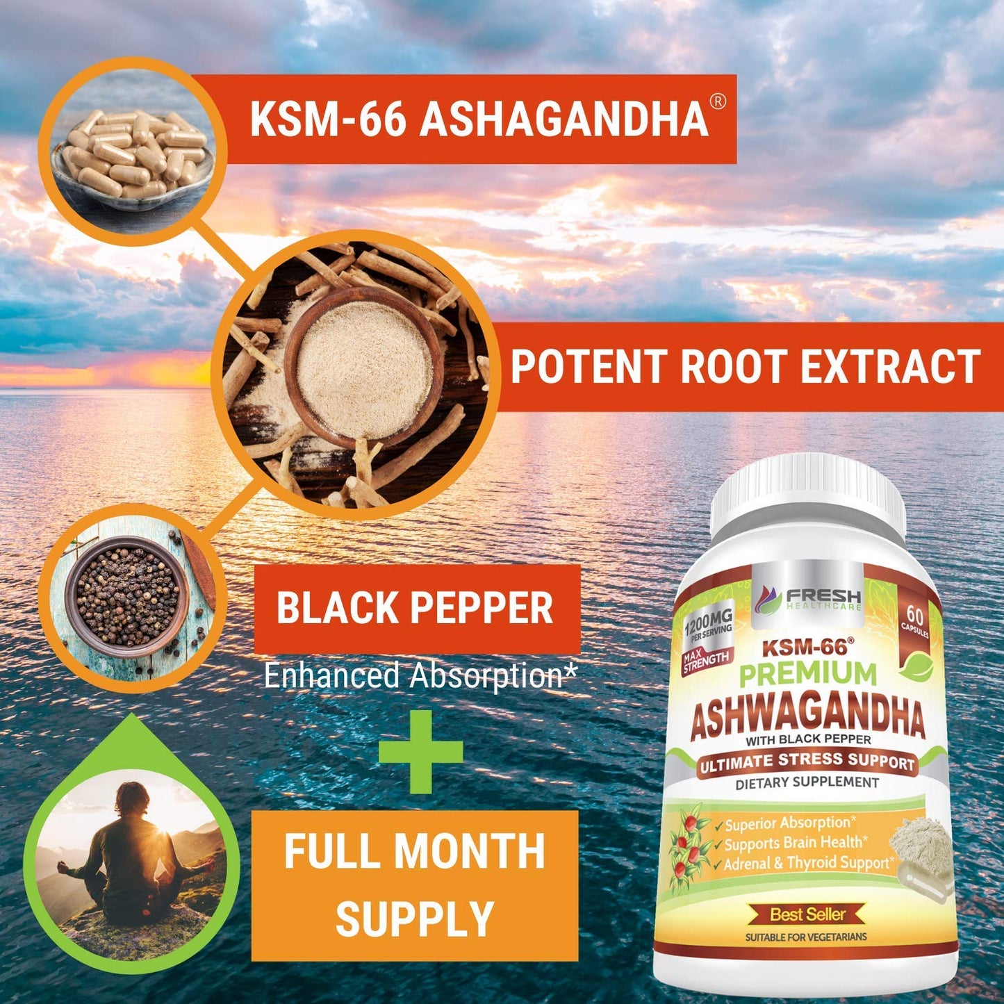 FRESH HEALTHCARE Ashwagandha KSM-66 1200mg Capsule with Black Pepper, 60 Capsules