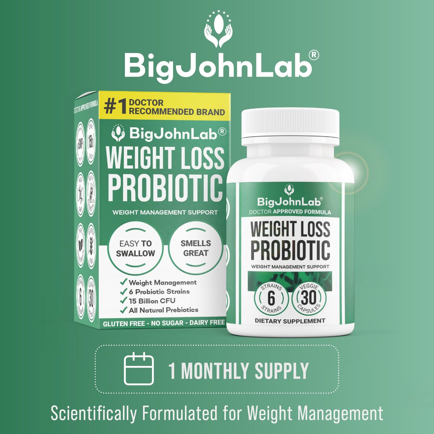 BIGJOHNLAB Probiotics for Weight Management & Bloating Capsules, 30 Capsules