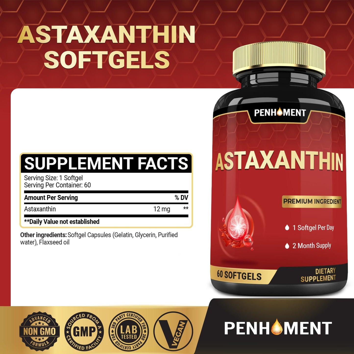 Penhoment Astaxanthin Supplements 12mg Softgel 60 Count