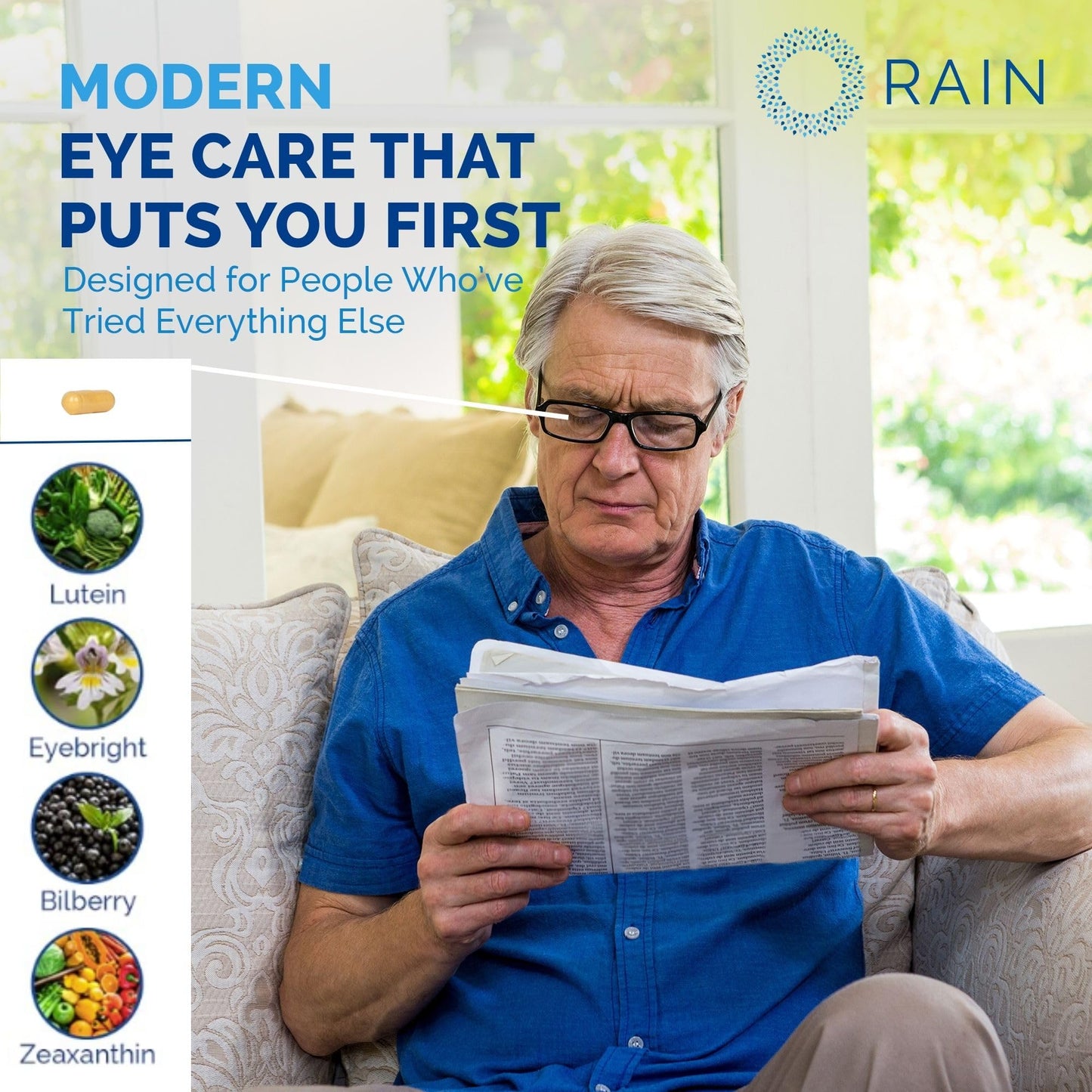 Rain Eye Vitamins & Vision Supplements for Adults – Eye Comfort and Vision Support – Lutein and Zeaxanthin Eye Supplements for Macular Health, 60 Capsules
