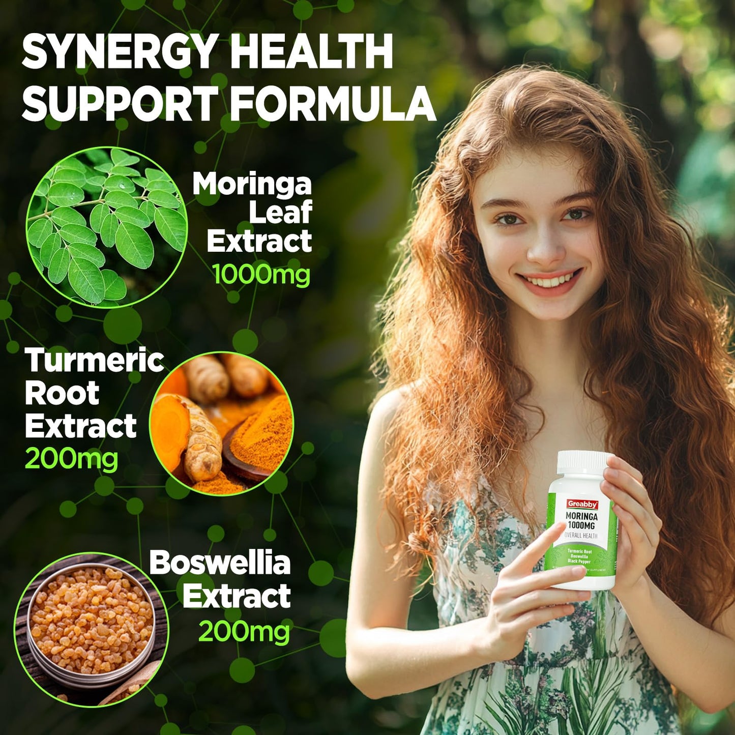 GREABBY Moringa Capsules with Turmeric & Boswellia, Immune Health Support, 90 Capsules