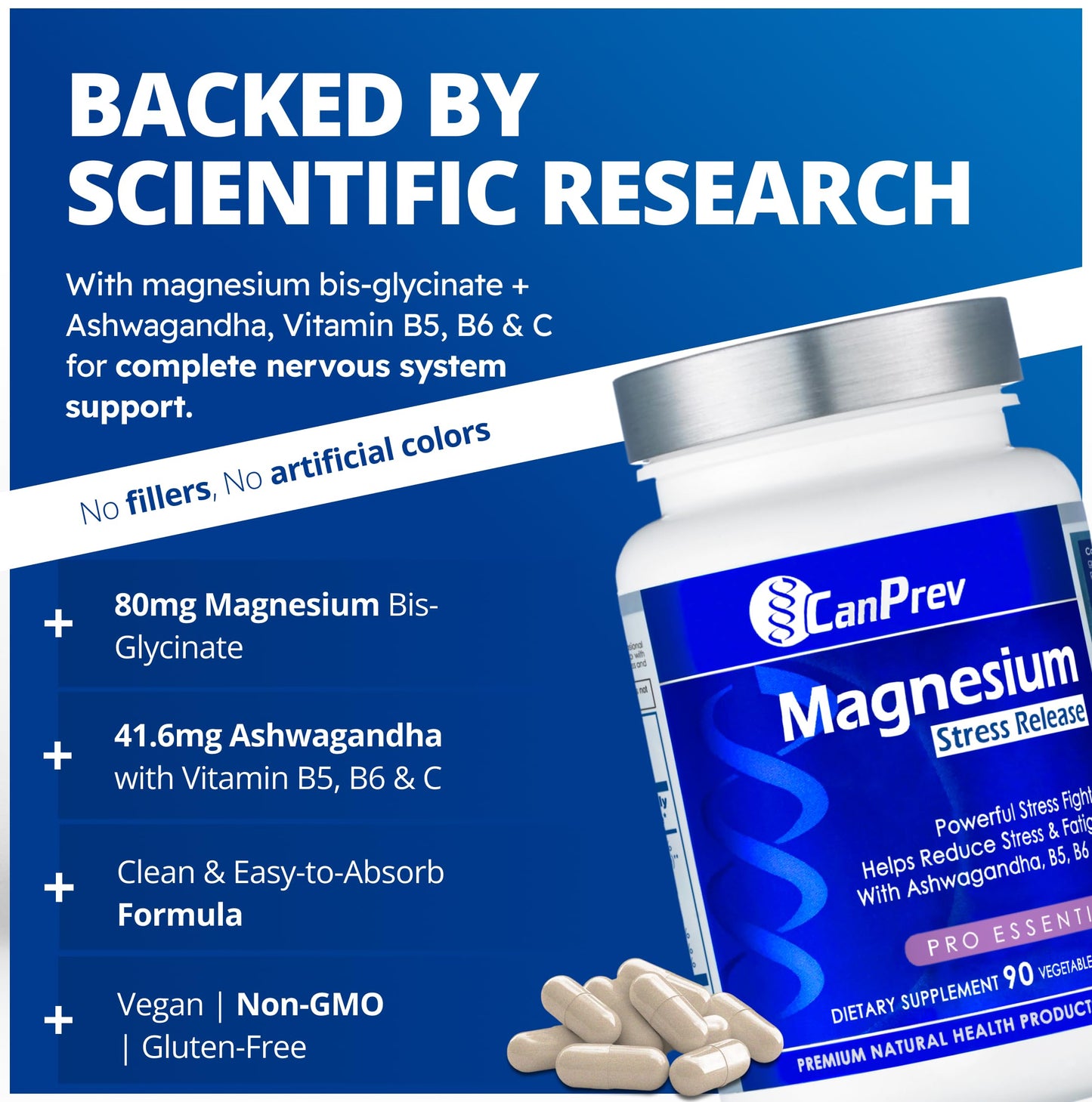 CanPrev Magnesium Bisglycinate with Ashwagandha, B5, B6 & Vitamin C Capsules, 90 Count