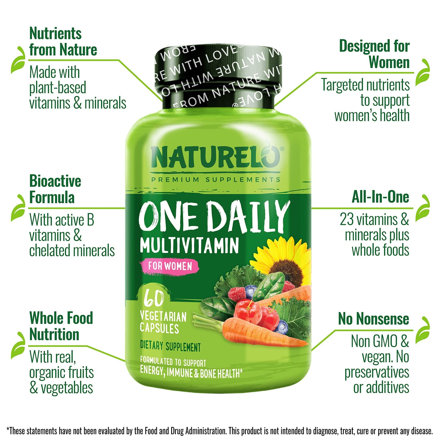 NATURELO One Daily Multivitamin for Women with Vitamin B12, Capsule, 60 Count