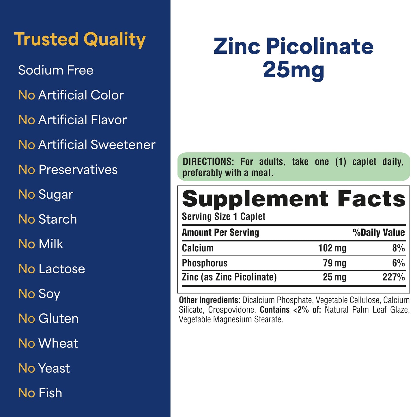 Puritan's Pride Zinc Picolinate 25mg with Calcium and Phosphorus Capsules 100 Count