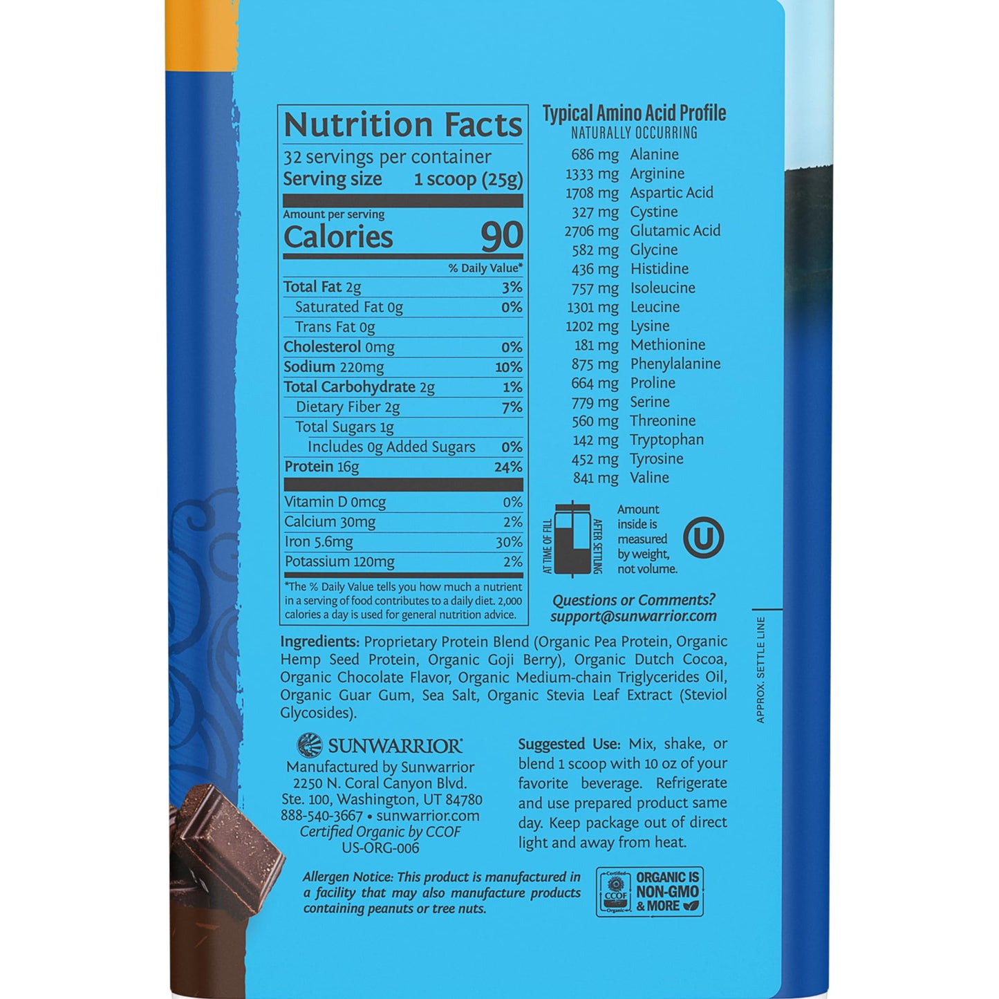 Sunwarrior Organic Plant Based Protein Powder Chocolate 32 Servings