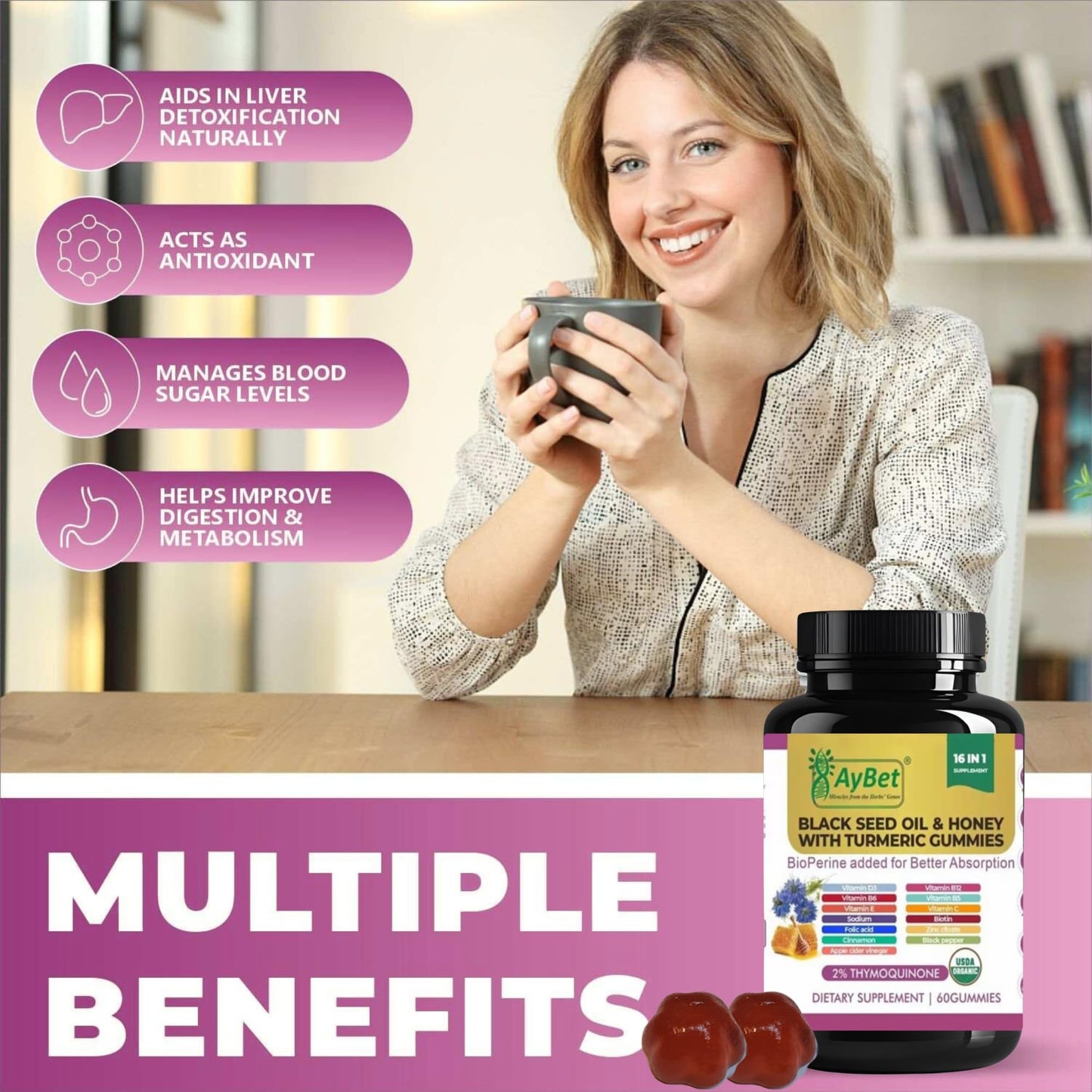 AyBet Black Seed Oil & Honey Gummies with Turmeric – 16-in-1 Supplement with Vitamins D3, B12, Biotin & Zinc – 2% Thymoquinone – USDA Organic, Halal, Vegan, Non-GMO, 60 Gummies