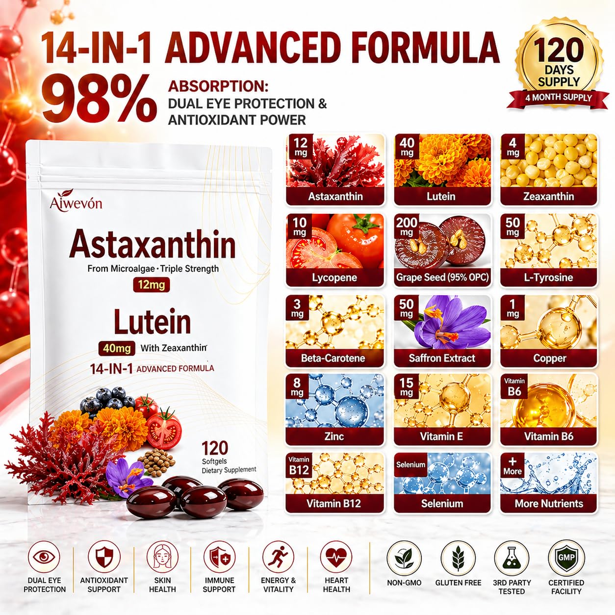 Aiwevon Astaxanthin 14-in-1 with Lutein & Zeaxanthin Softgels, 120 Softgels