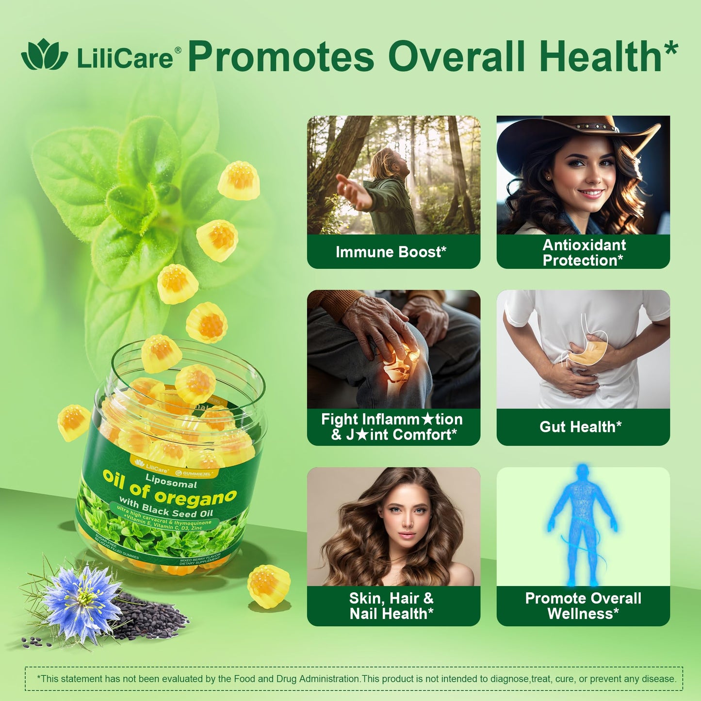 LILICARE Oil of Oregano with Black Seed Oil Gummies, 60 Count