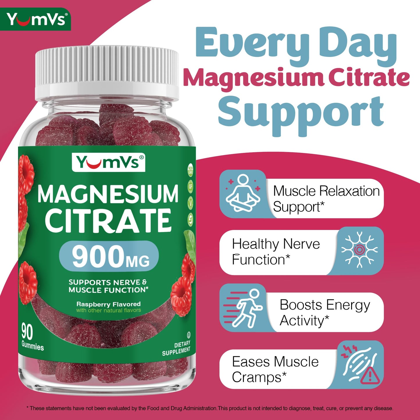 YUM-V'S Magnesium Citrate Gummies 900mg Highly Absorbable Magnesium Gummies for Women & Men to Support Nerve, Muscle & Enzyme Function – Gluten-Free, Kosher & Raspberry Flavor, 90 Count
