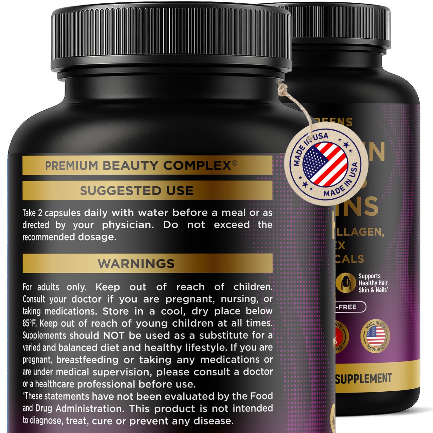 BASIC GREENS Hair, Skin & Nails Vitamins with Biotin 10000 mcg, Collagen & B-Complex – Supports Healthy Hair, Glowing Skin & Strong Nails – Non-GMO, Gluten-Free, 120 Capsules