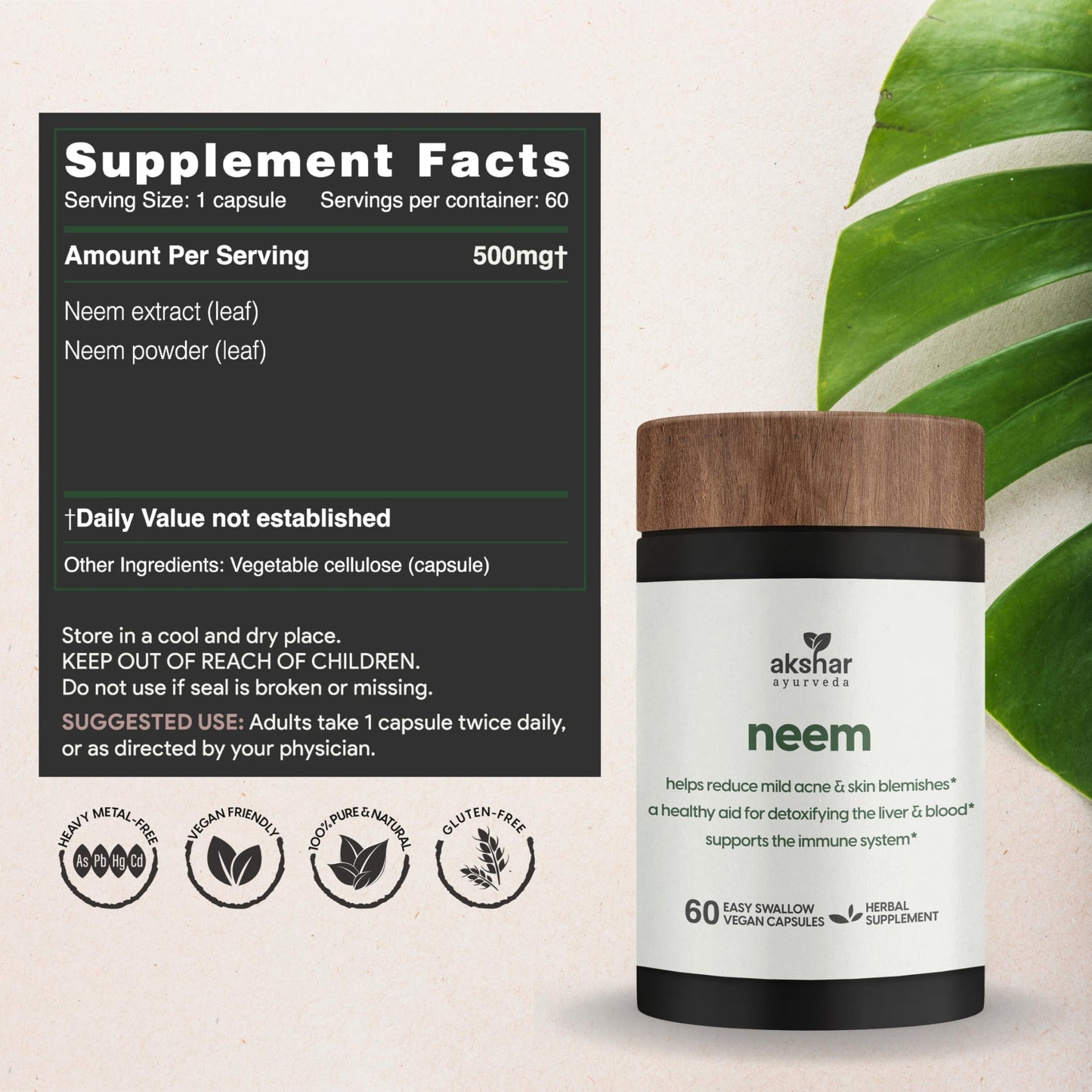 AKSHAR Neem Extract and Neem Leaf Powder Capsules, 60 Count