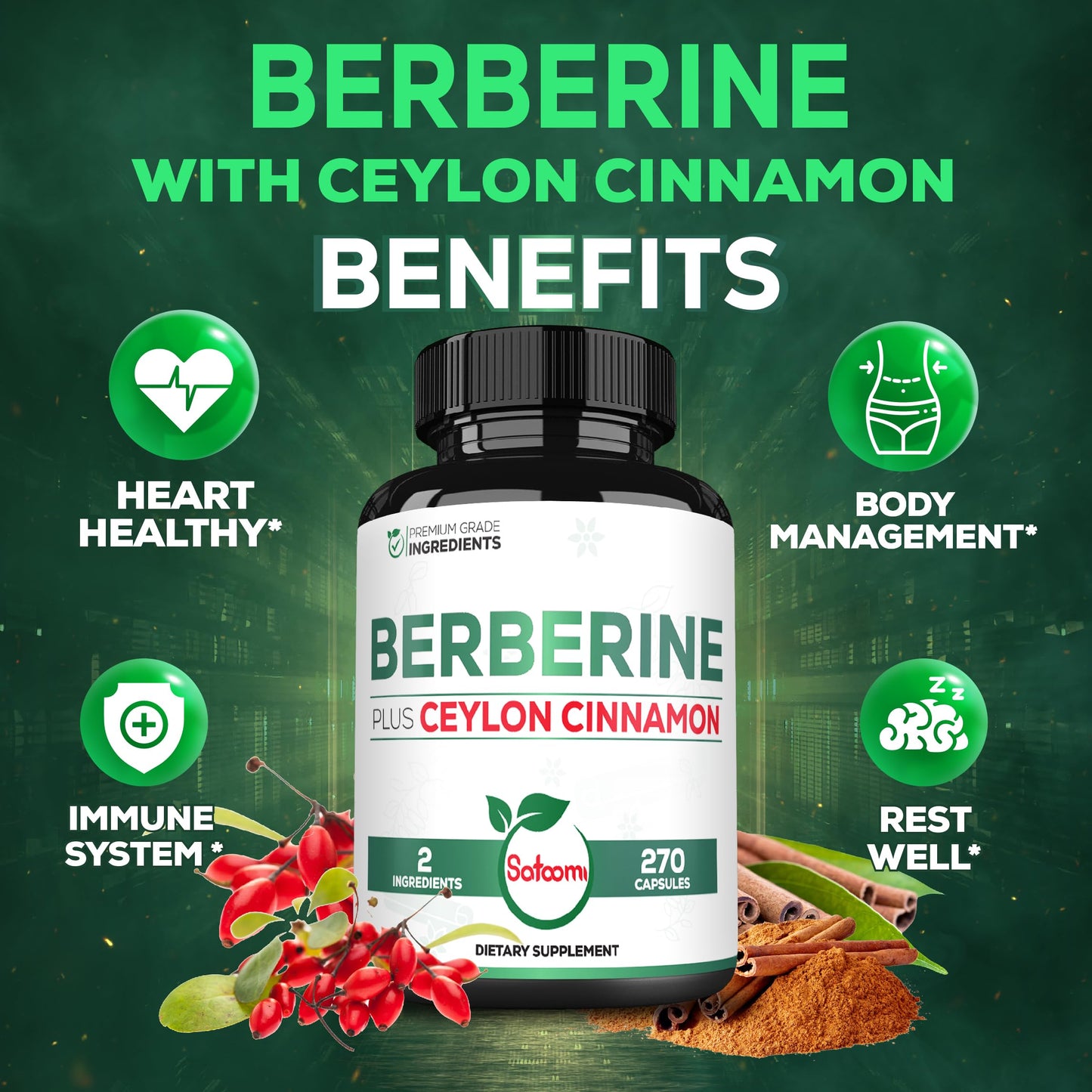 Satoomi Berberine with Ceylon Cinnamon Supplement - 1500mg Extra Strength Capsules, 270 Count