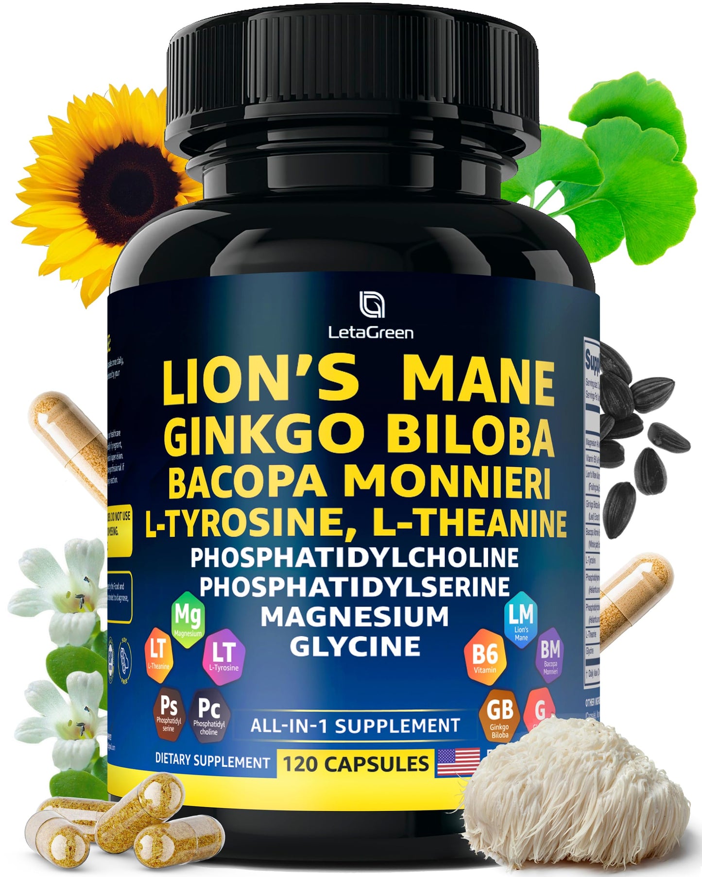 LetaGreen Organic Lions Mane Capsules, 120 Count