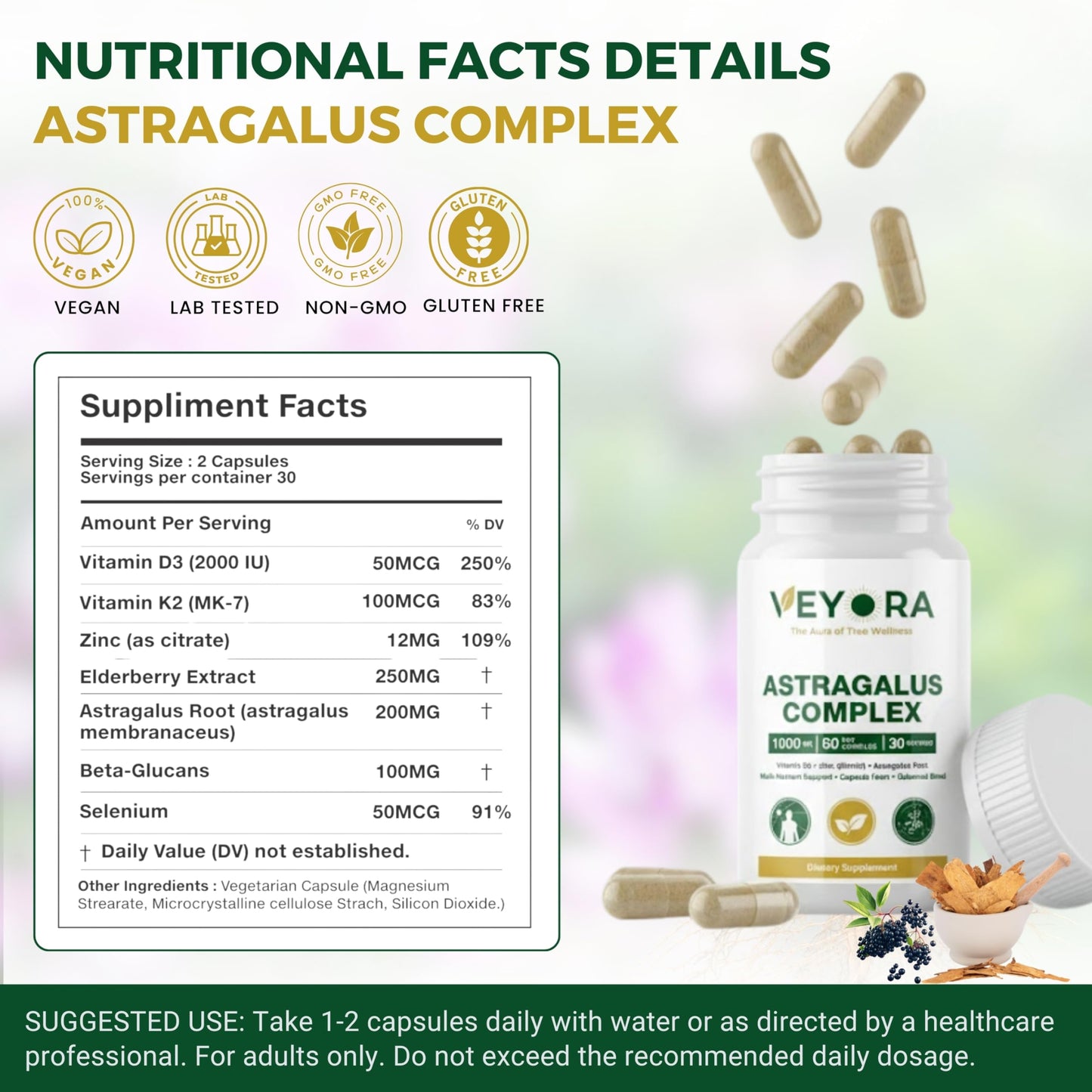 VEYORA Astragalus Complex 1000 mg Capsule, 60 Count