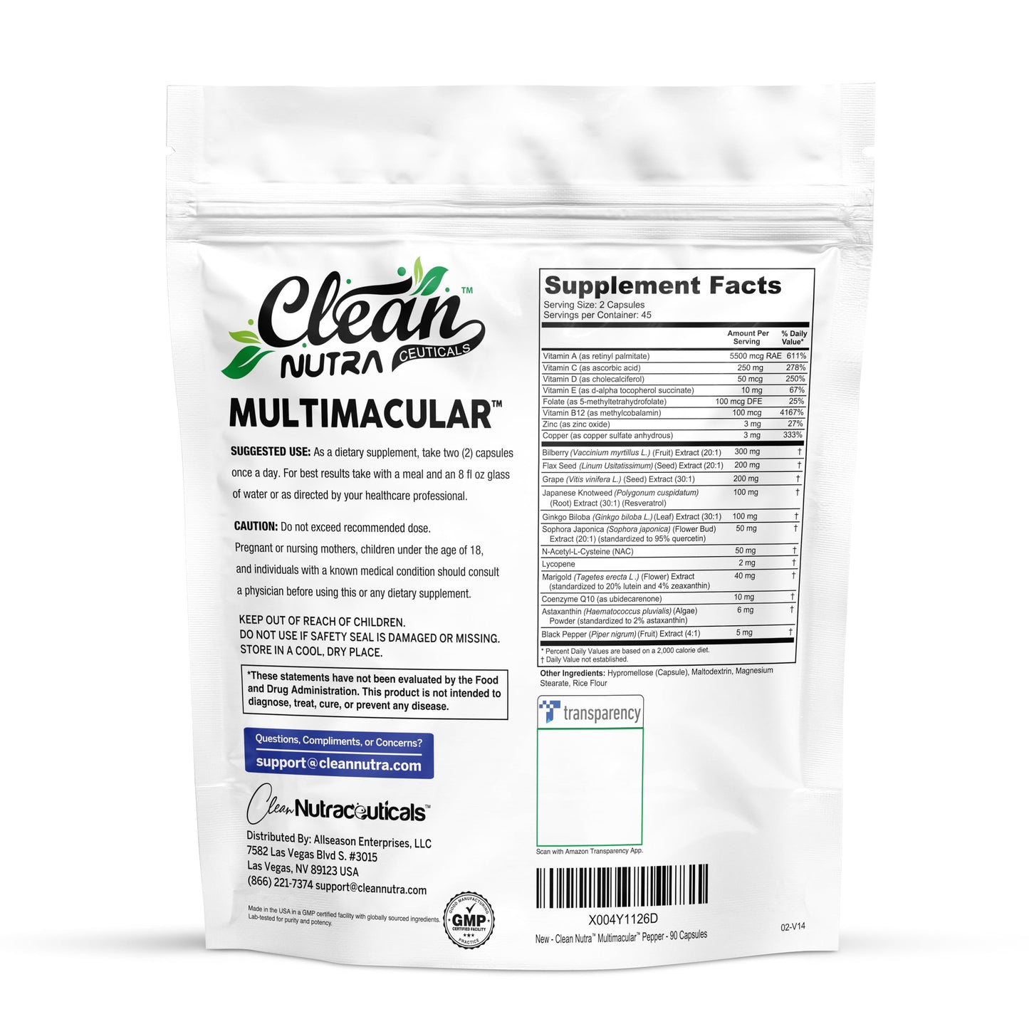 Clean Nutraceuticals Multimacular Bilberry+ Lutein Zeaxanthin Lycopene Resveratrol with Flax Seed Grape Japanese Knotweed Ginkgo Biloba Sophora Japonica Coenzyme Copper Zinc Marigold Black Pepper 90 Capsules