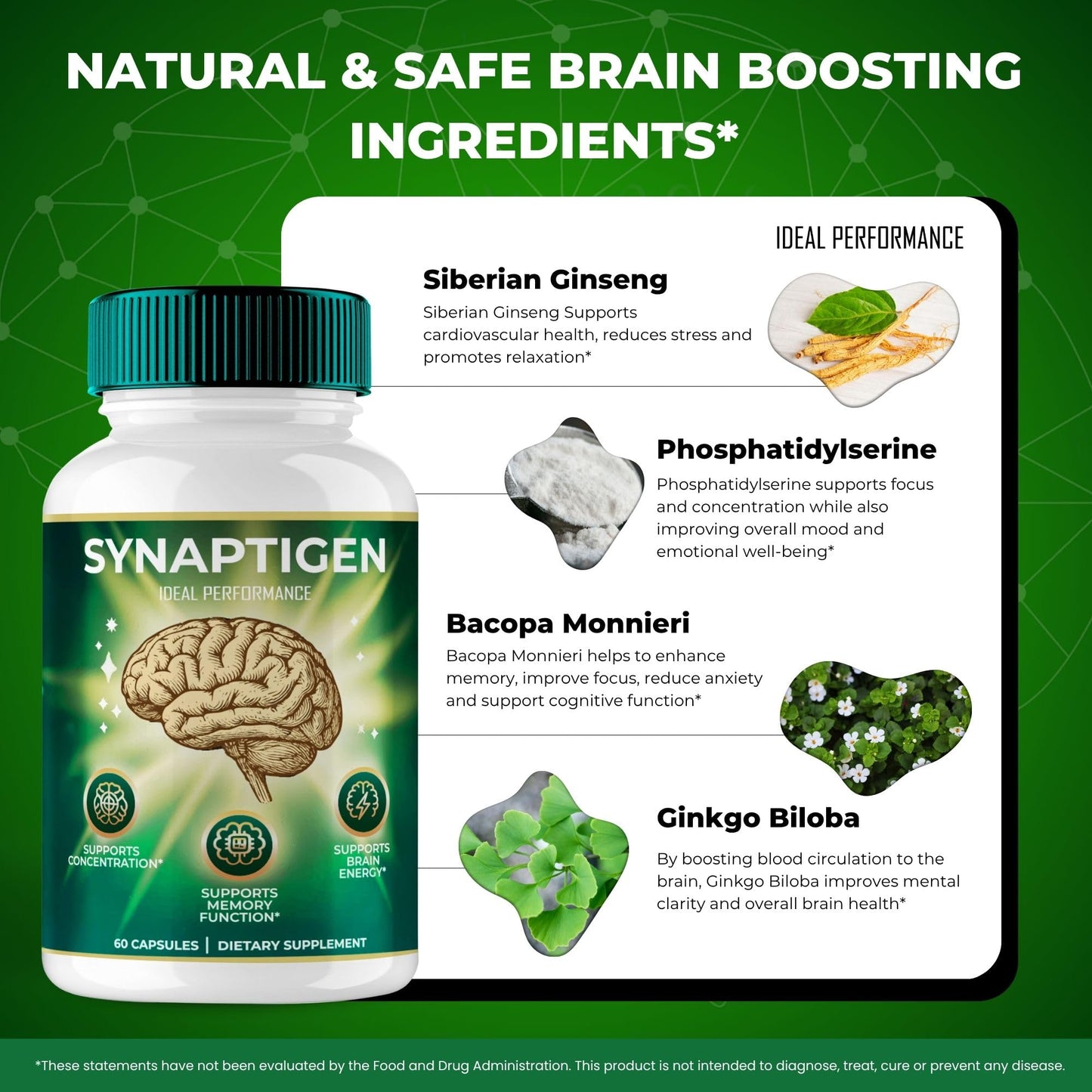 IDEAL PERFORMANCE Synaptigen Brain and Memory Supplement Capsules, 60 Count
