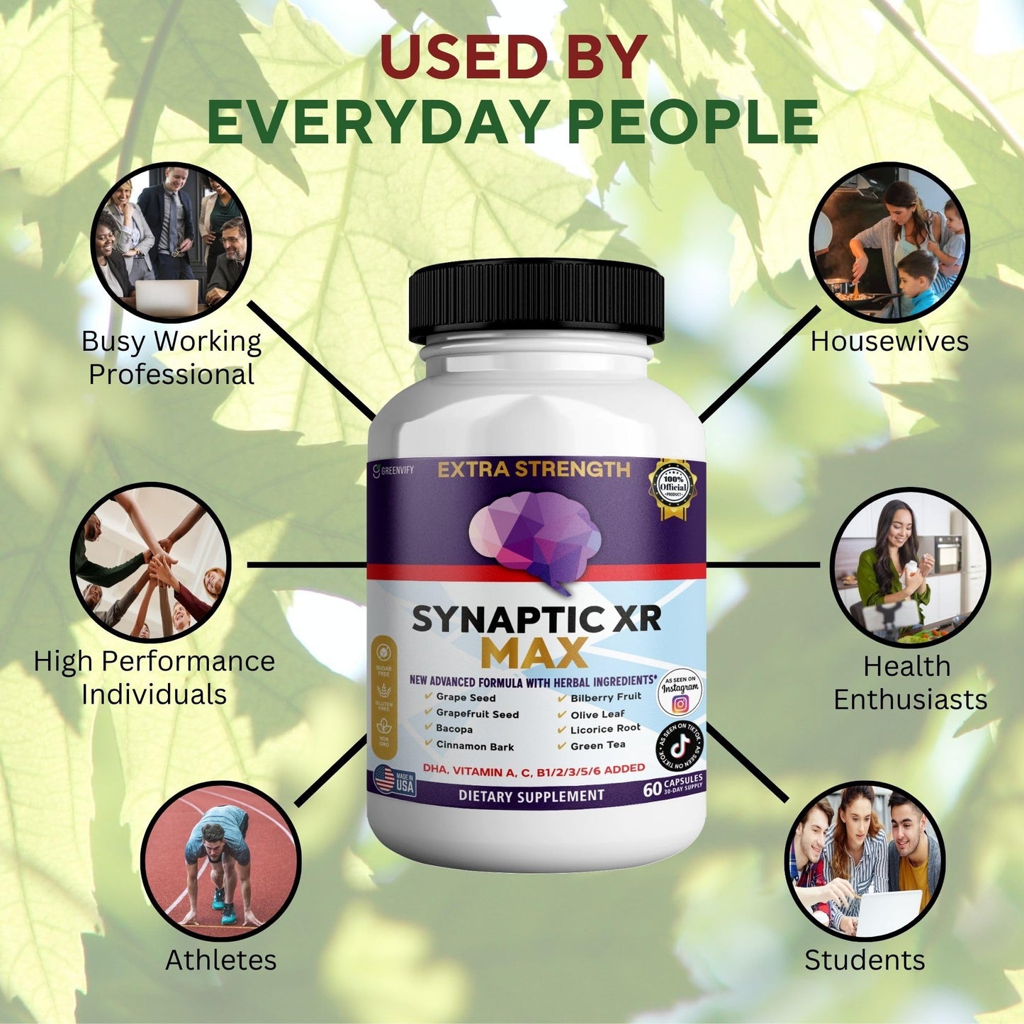 GREENVIFY Synaptic XR Max Extra Strength Brain Support Supplement with Herbal Ingredients, DHA Vitamins, Nootropic Formula 60 Capsules