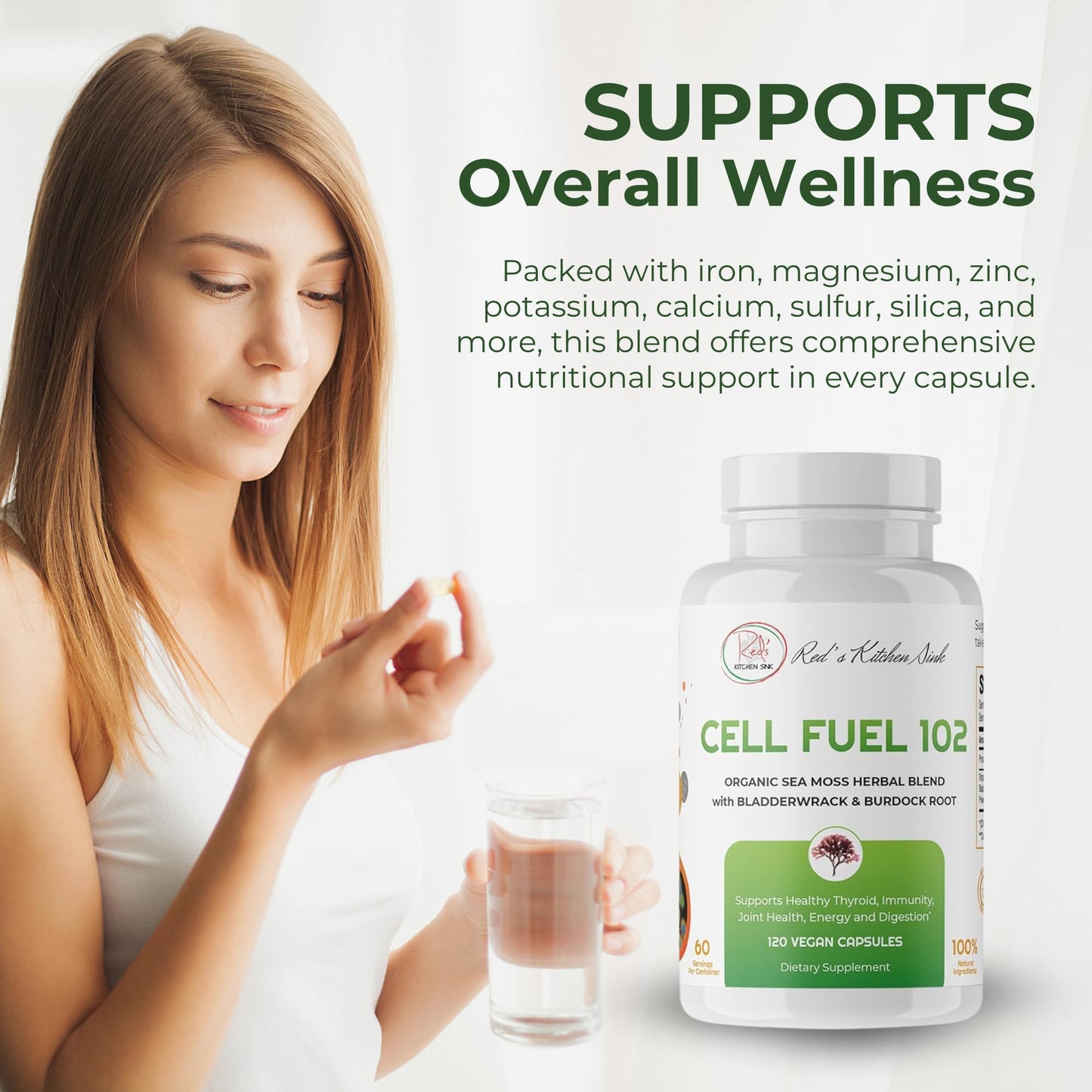 Red's Kitchen Sink Cell Fuel 102 Organic Sea Moss Capsules, 120 Count
