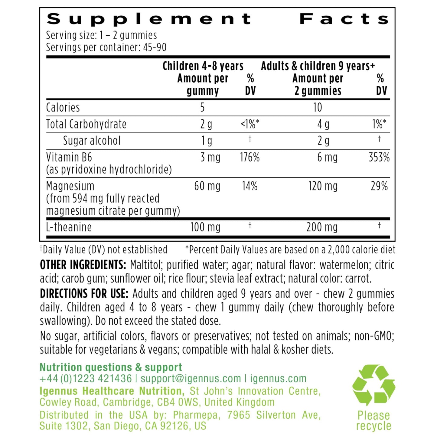 Igennus Healthcare Nutrition High Potency Calm Magnesium Gummies, 60mg Magnesium per Gummy, L-Theanine 100mg & Vitamin B6 3mg, Daily Stress Support for Kids & Adults, Sugar-Free, Watermelon Flavor, 90 Gummies