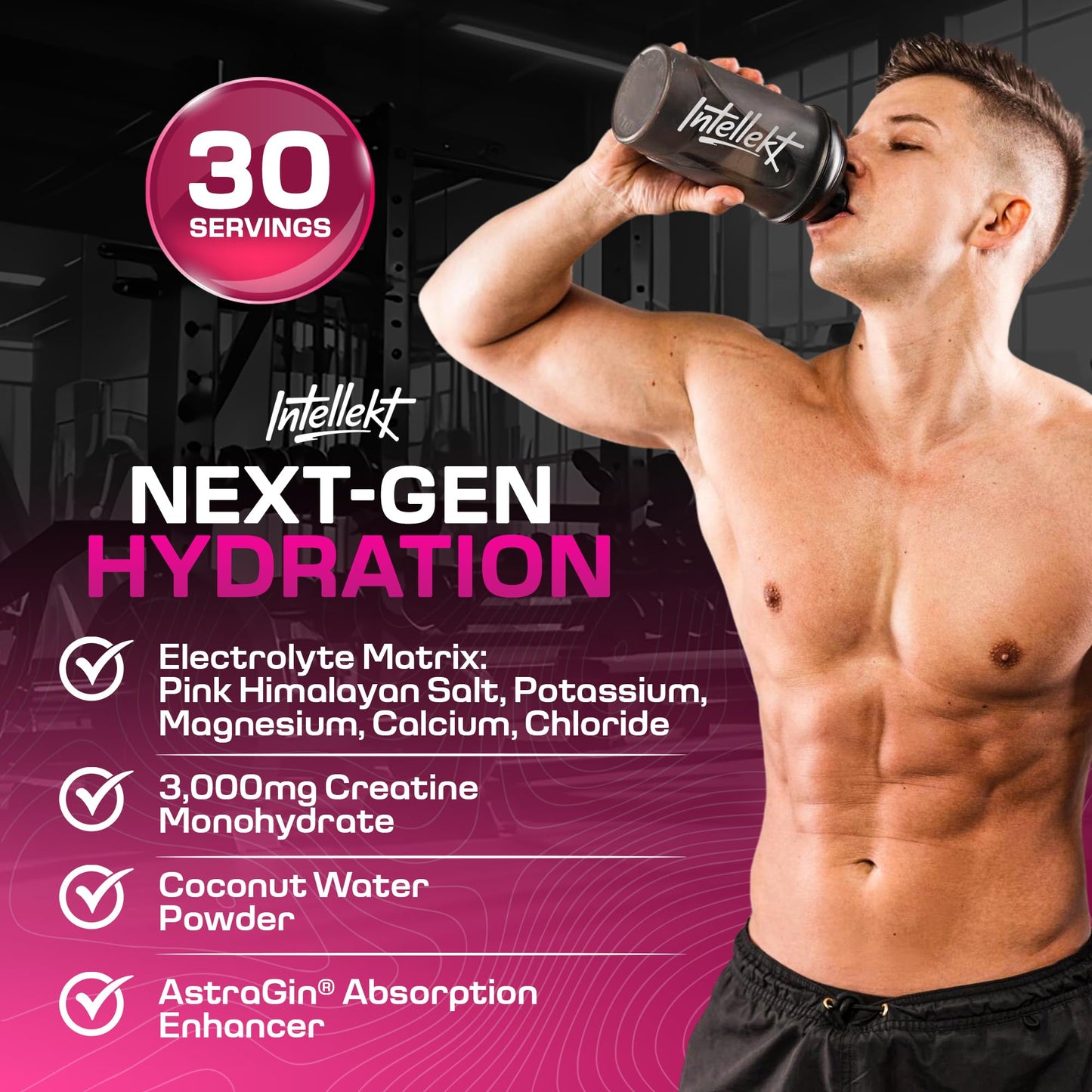 INTELLEKT LIFESTYLE HYDR8 Electrolytes + Creatine Powder, Juicy Watermelon, 30 Servings, 10.26 oz