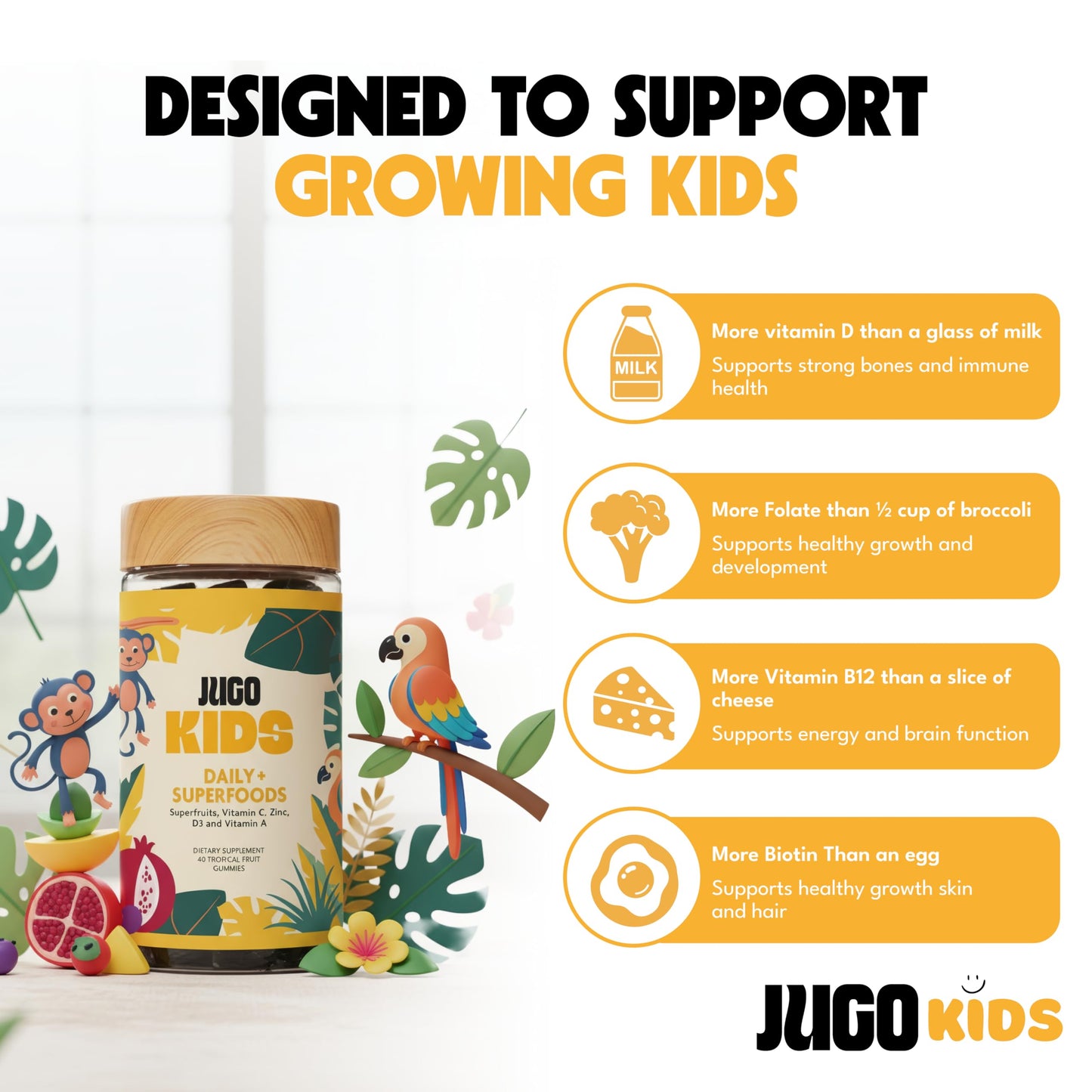 JUGO LLC Kids Daily + SUPERFOODS Multivitamin Gummies for Picky Eaters with Super Greens & Super Fruits, Vitamin C, A, and Zinc with Biotin, Gluten-Free, Non-GMO, 50 Gummies