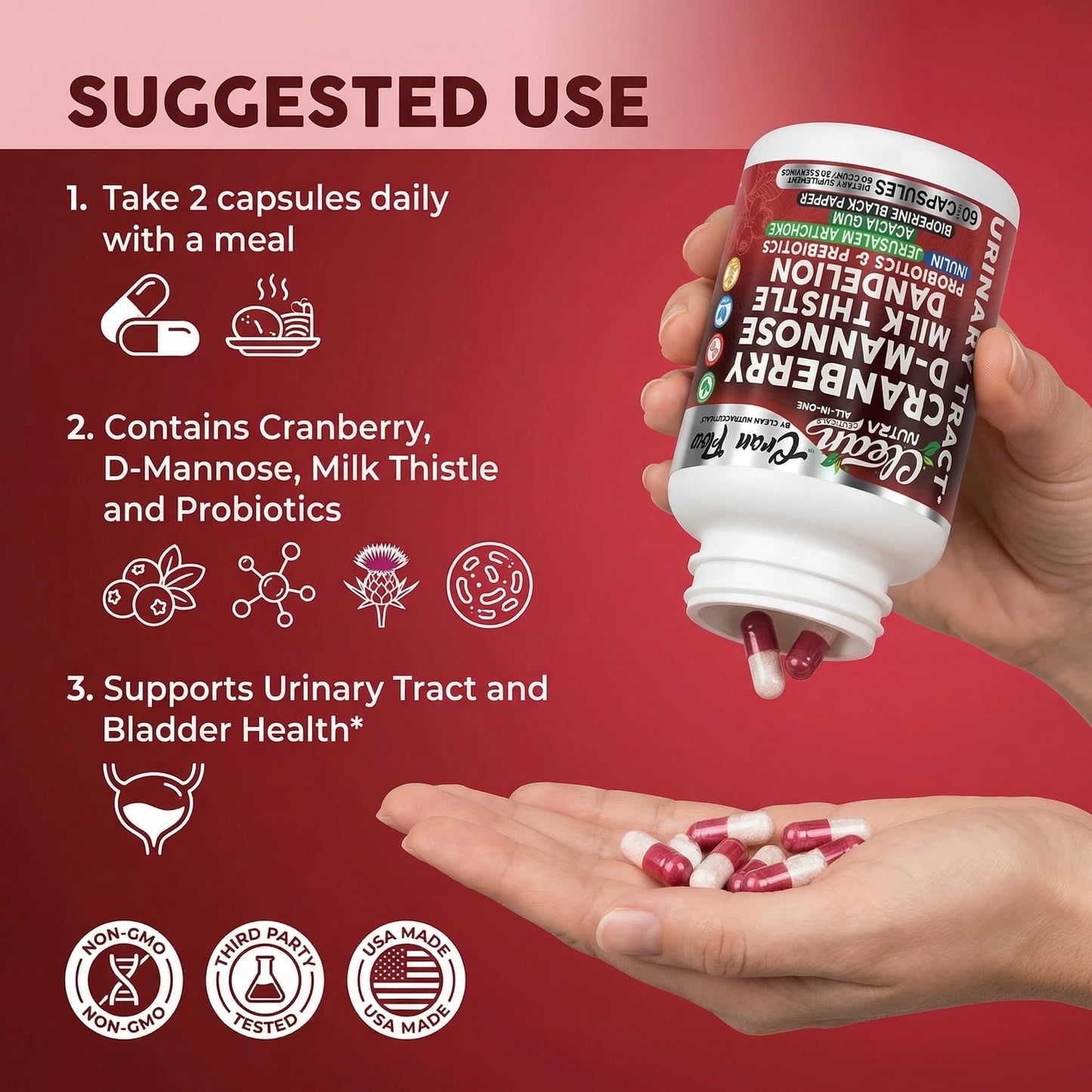 Clean Nutraceuticals Cran Flow Cranberry Capsules for Urinary Health with D-Mannose, Milk Thistle, Dandelion, Inulin, Vitamin C, Prebiotics & Probiotics Bladder Support, 60 Count