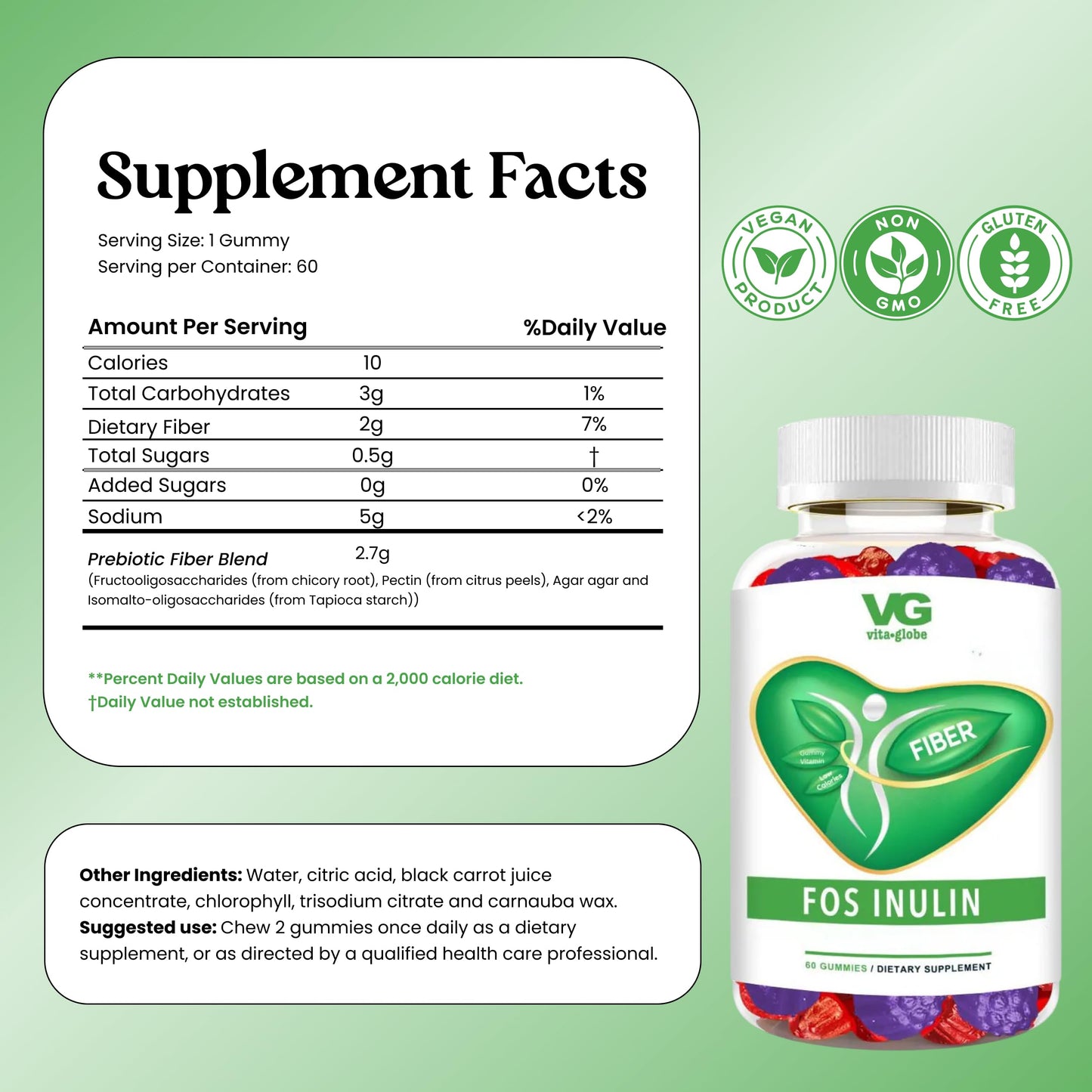 VITA GLOBE Prebiotic Fiber Gummies with FOS Inulin, Sugar Free, Non-GMO, 120 Gummies