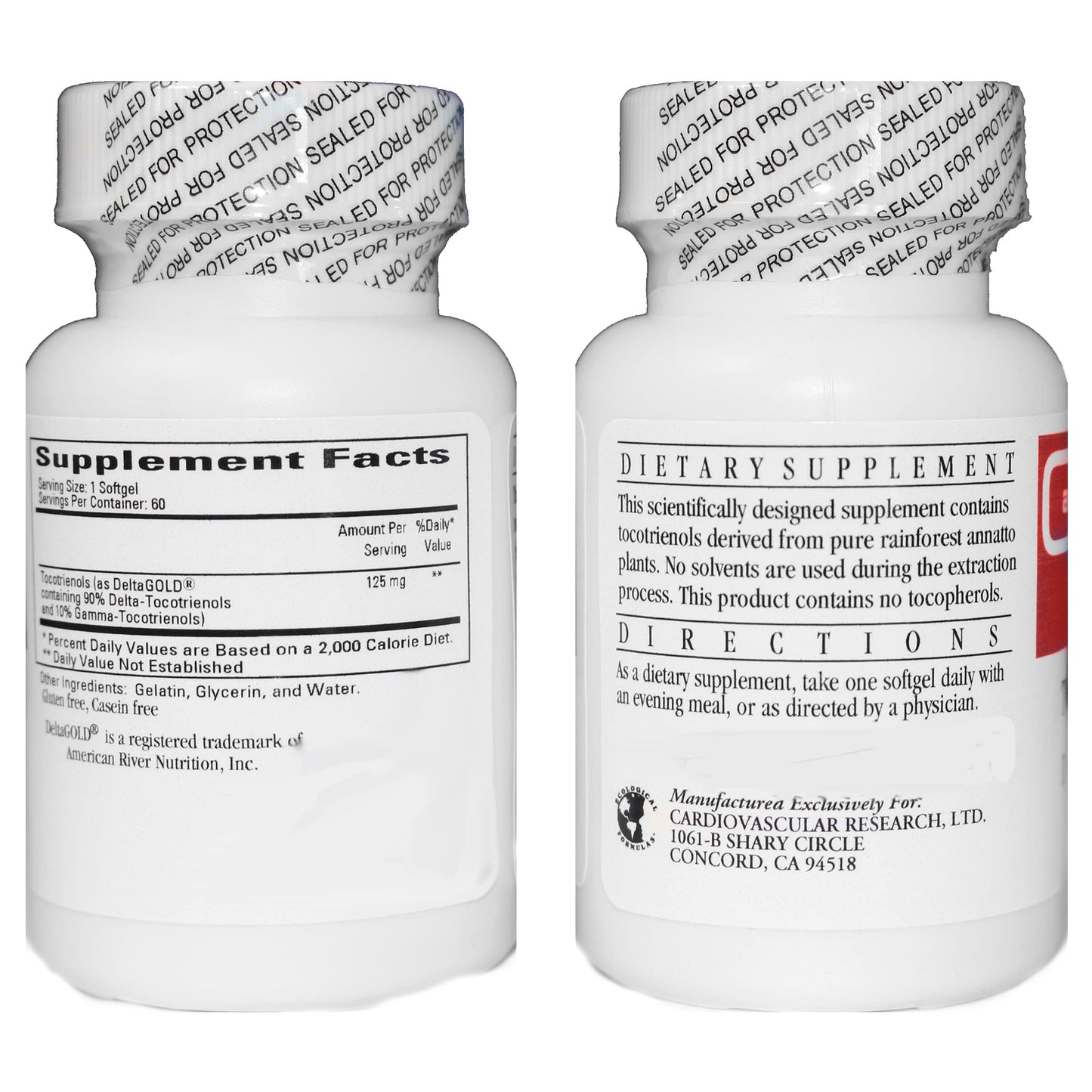Cardiovascular Research Vitamin E 125 mg Annatto Tocotrienols DeltaGOLD, 90% Delta and 10% Gamma Softgels, 120