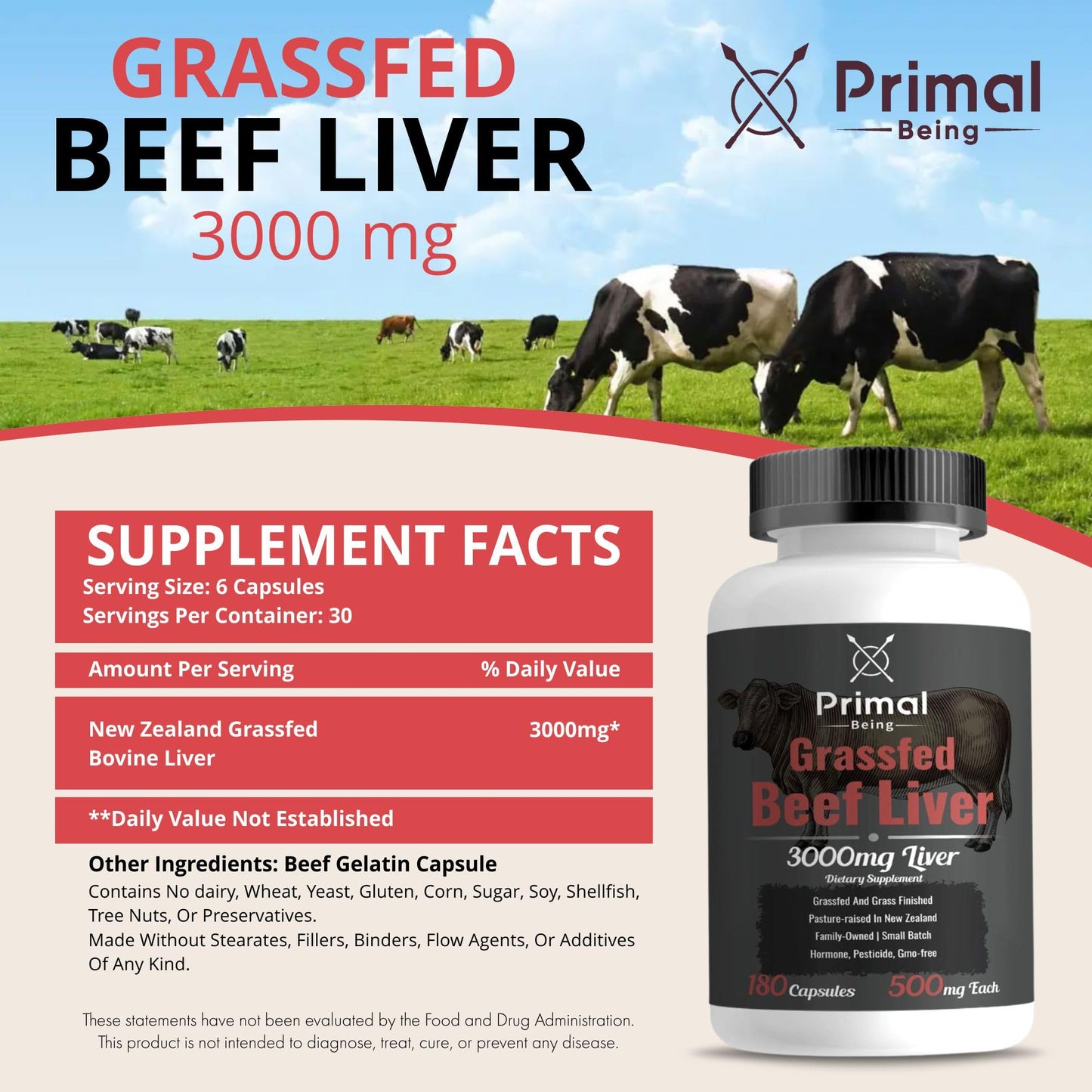 Primal Being Grassfed Beef Liver 3000mg Freeze-Dried Capsules, 180 Count