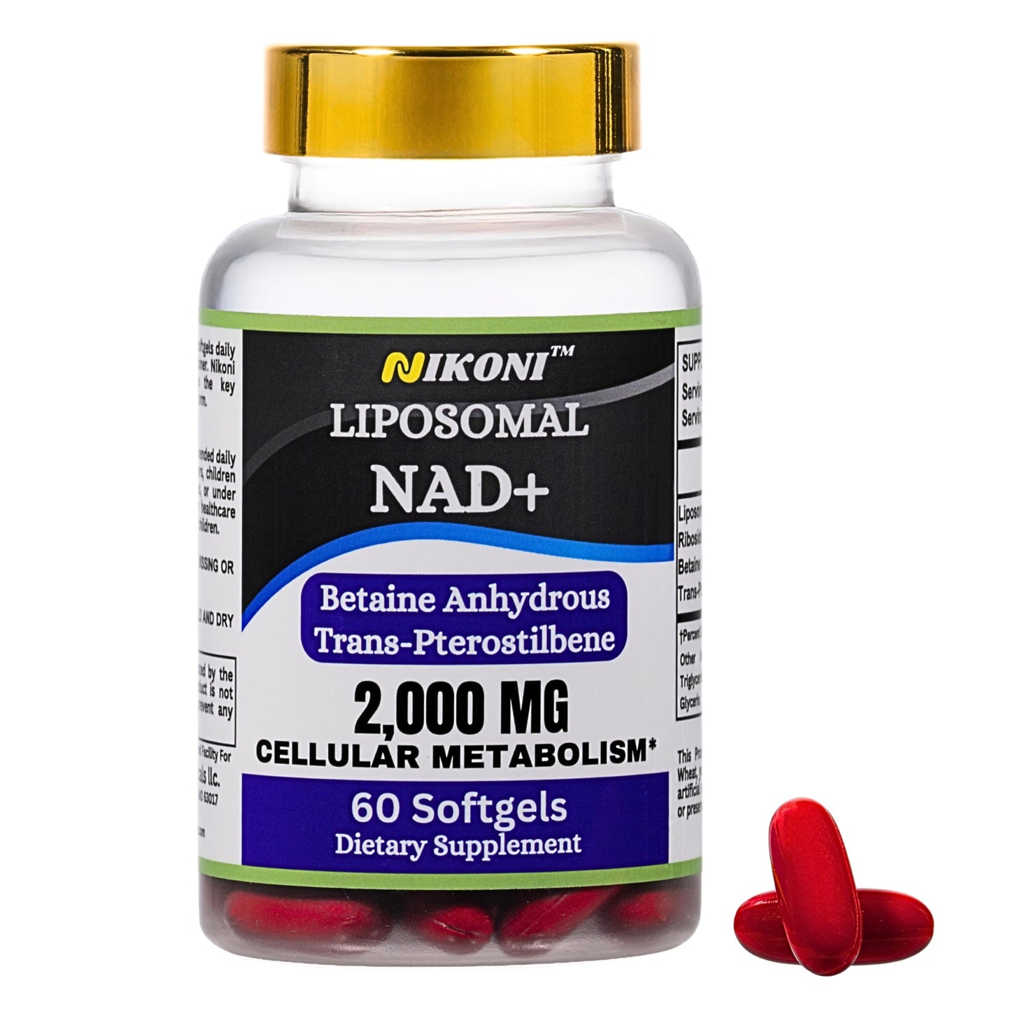 Nikoni Liposomal NAD+ 2000 mg with TMG and Pterostilbene Softgels, 60 Count