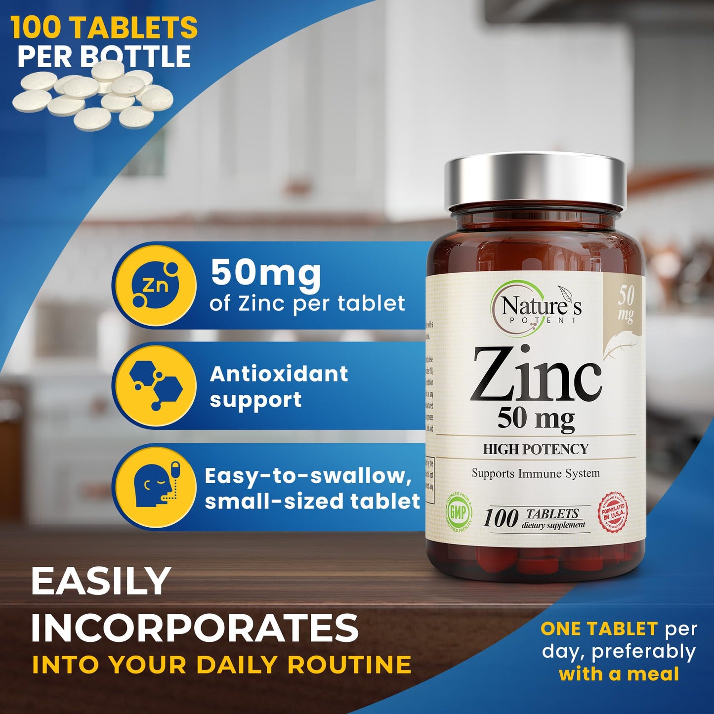 Nature's Potent Zinc 50mg High Potency Supplement, 100 Tablets