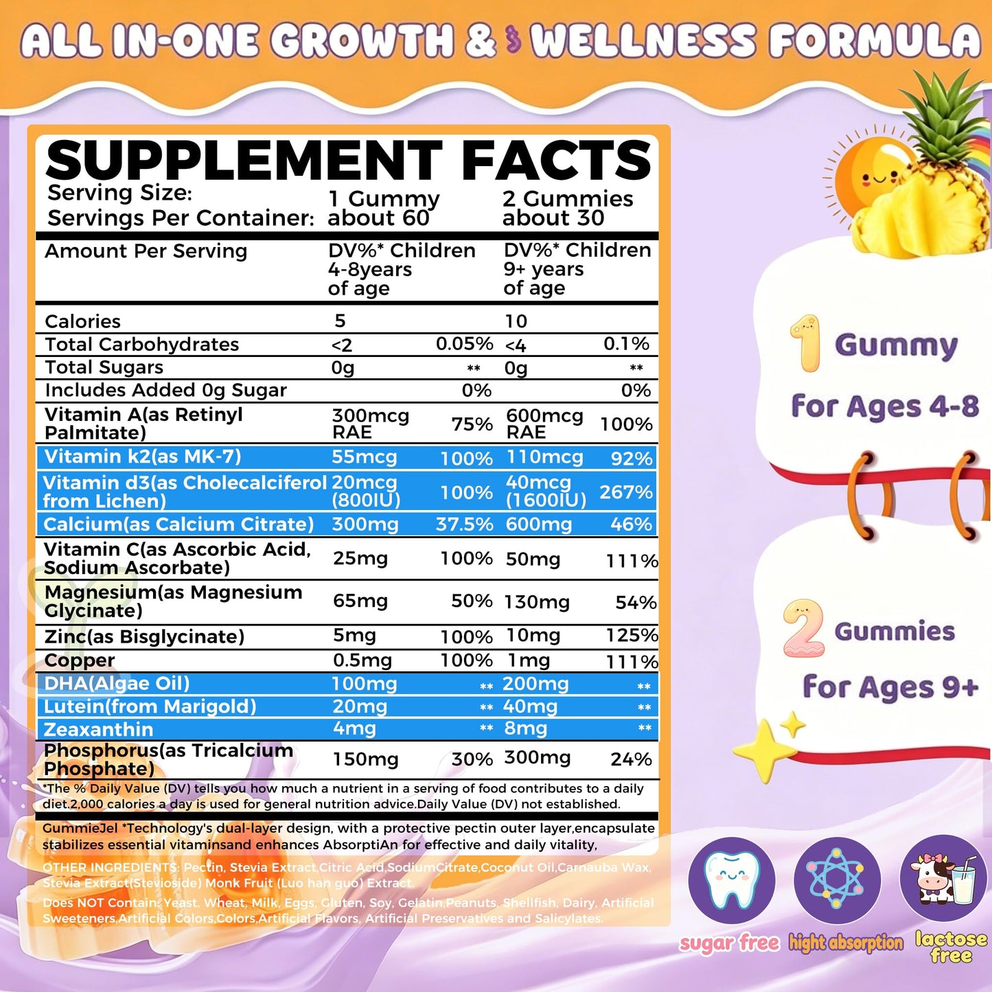 ELLAMENTZ Sugar-Free Kids Calcium Gummies 4–12, 60 Count
