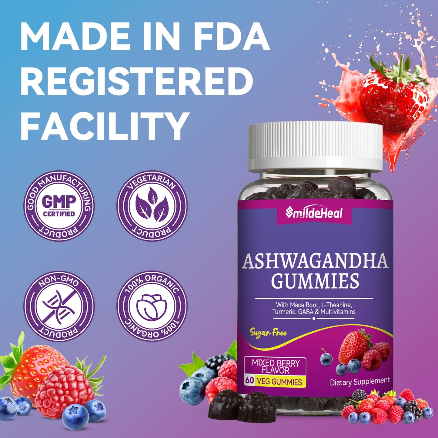 SmildeHeal Ashwagandha Gummies 3000mg for Calm & Stress Relief, 120 Gummies
