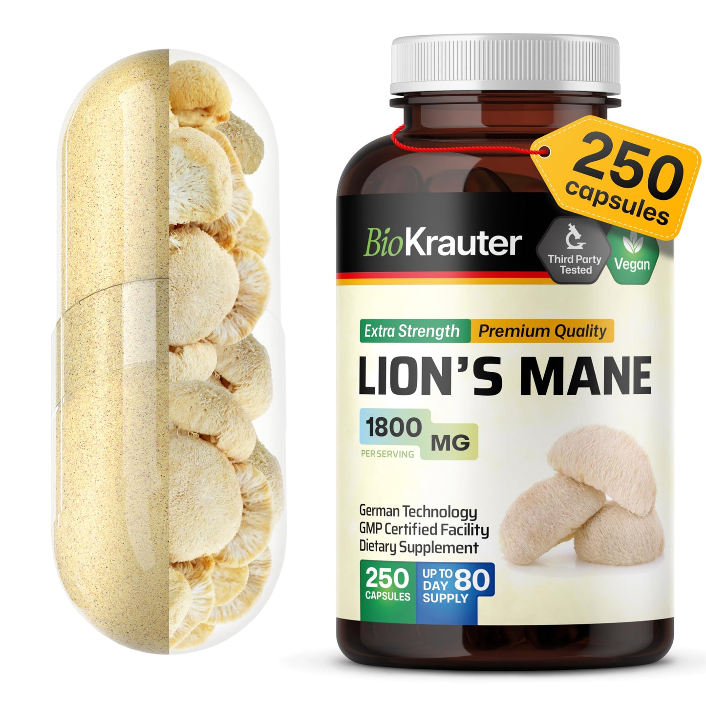 BIO KRAUTER Lions Mane for Focus Support & Brain Health - Vegan Lion's Mane Mushroom Supplement, 1800 mg per Serving, 250 Capsules