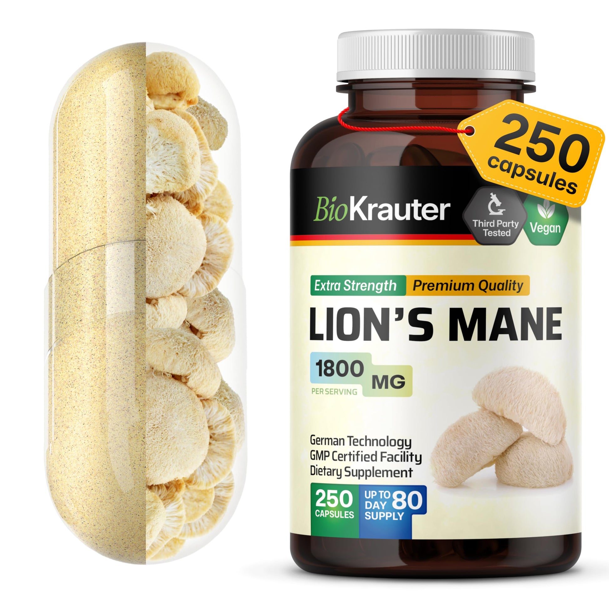 BIO KRAUTER Lions Mane for Focus Support & Brain Health - Vegan Lion's Mane Mushroom Supplement, 1800 mg per Serving, 250 Capsules