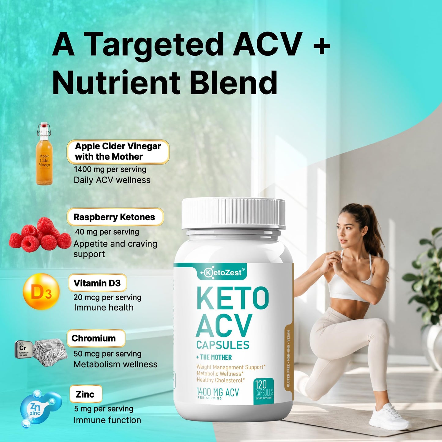 KetoZest Apple Cider Vinegar Keto Capsules, 120 Capsules