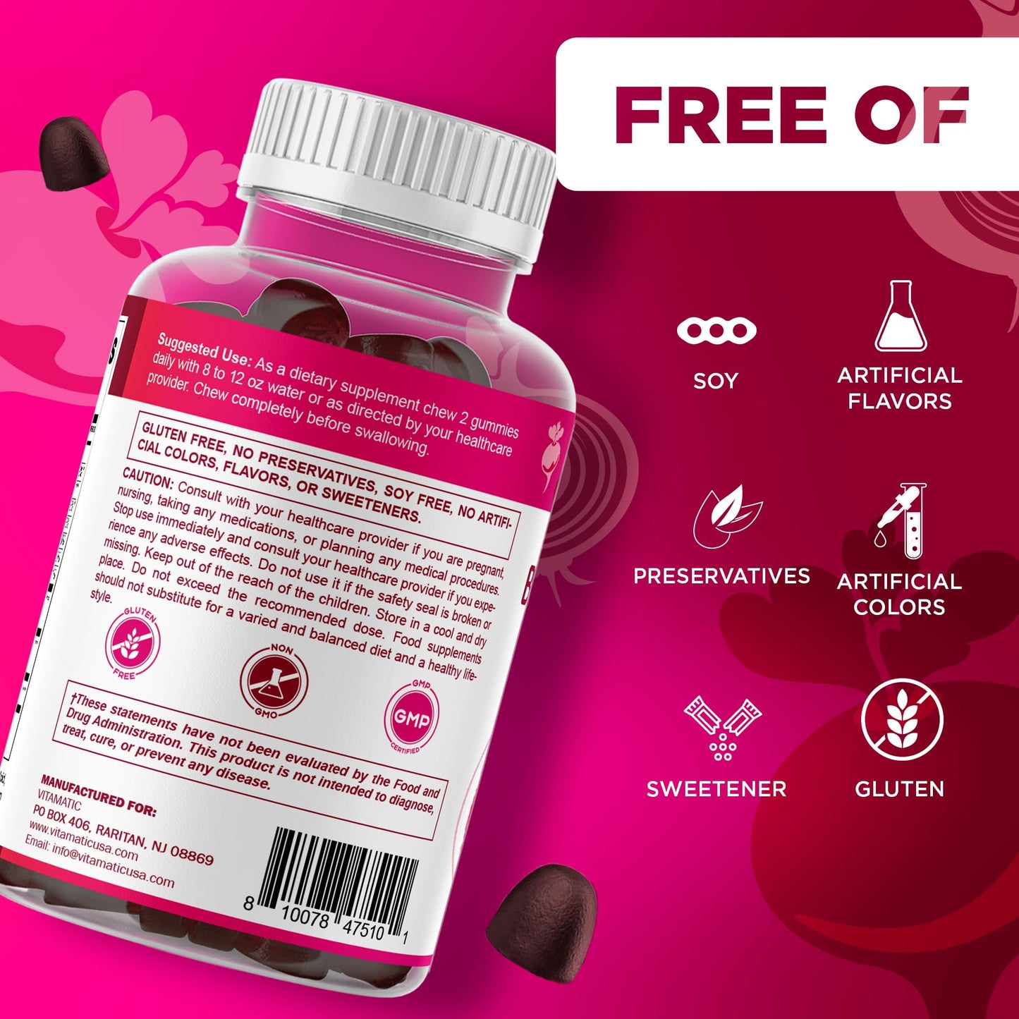 Vitamatic Beet Root Gummies with B6, B12, Grape Seed, Pomegranate & Nicotinamide – Plant-Based Extract – Vegan, Non-GMO – 120 Count