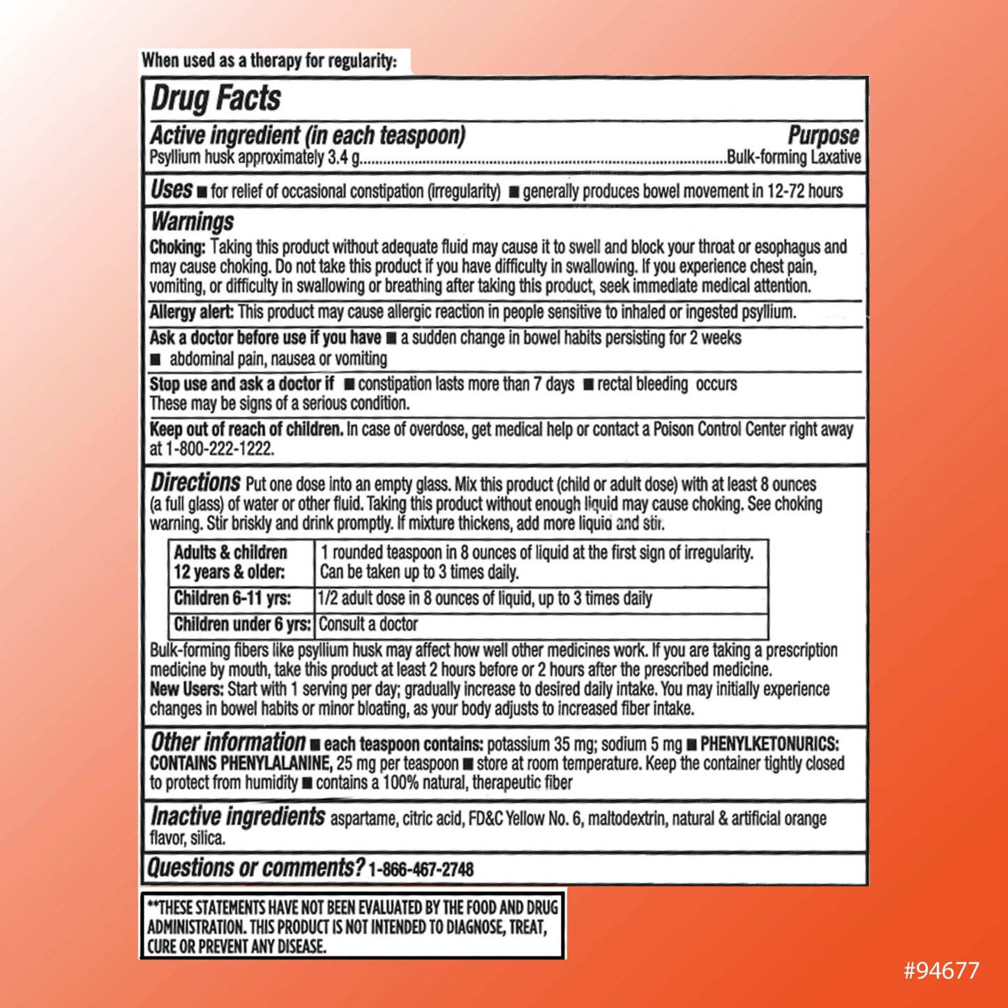 Quality Choice Sugar Free Fiber Naturally Derived Vegetable Formula Orange Flavor Powder 10 Ounce