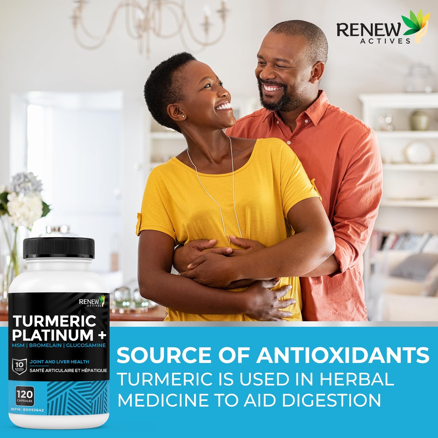 Renew Actives Turmeric Platinum 1350MG per 3 Capsules with Black Pepper & Ginger, 120 Capsules