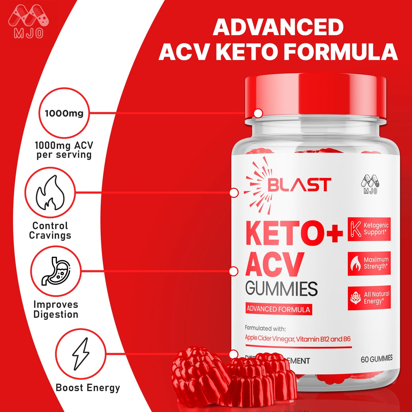 MJO Blast Keto ACV Gummies 1000mg Chewable Vitamin Supplement With Vitamin B12, 120 Gummies