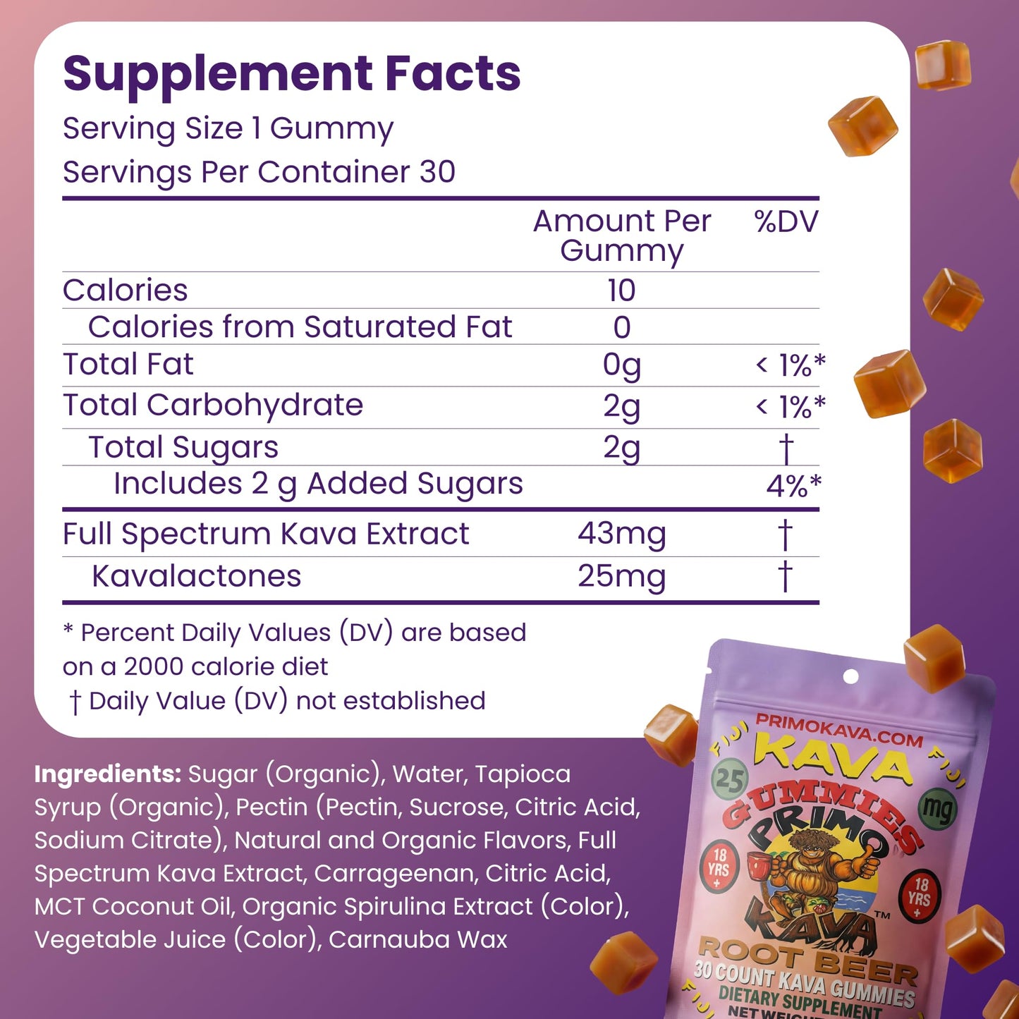 PRIMO KAVA Kava Gummies 375mg, 30 Count
