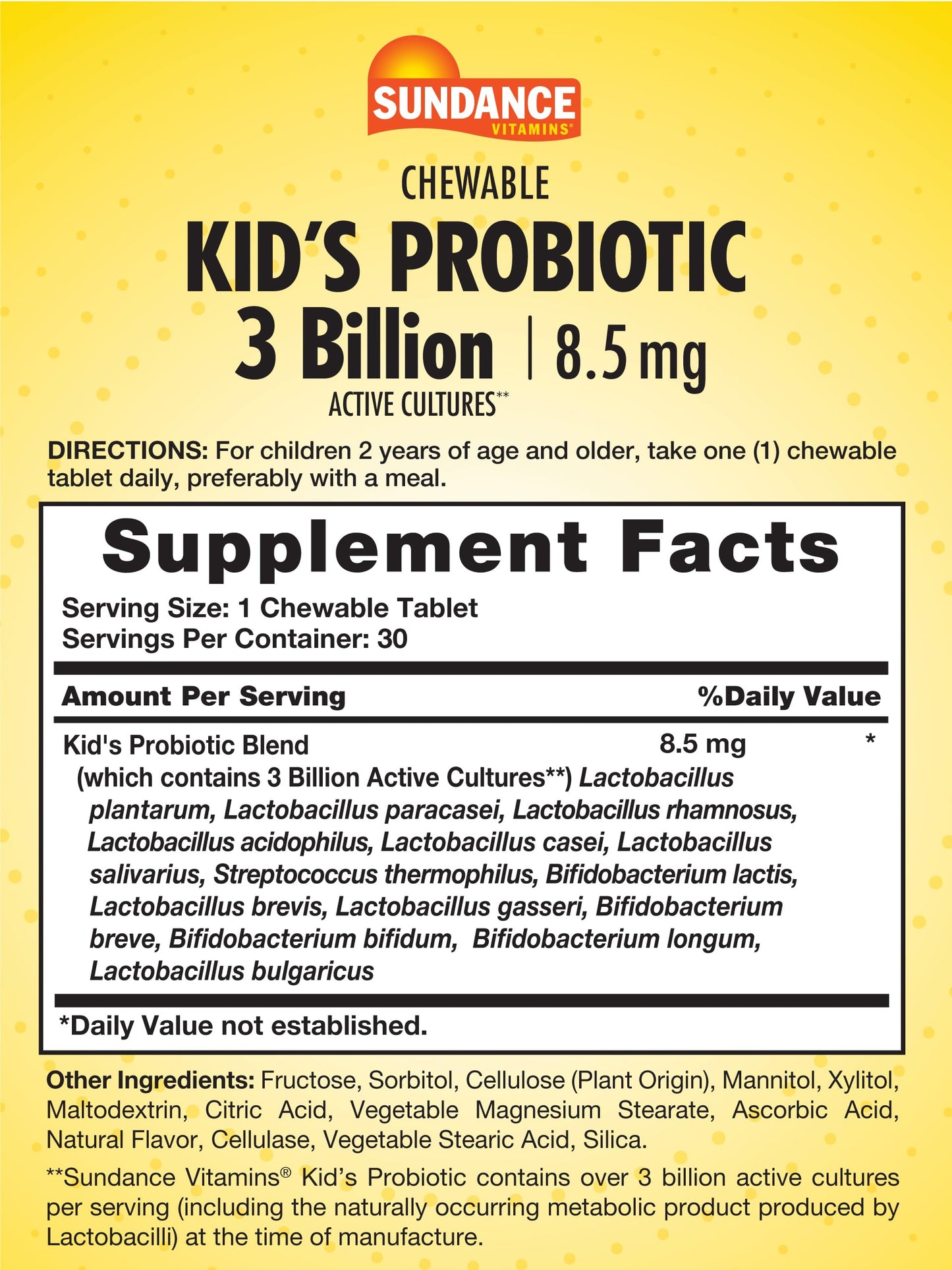 Sundance Chewable Kid's Probiotic 13mg 3 Billion Tablets, 30 Count