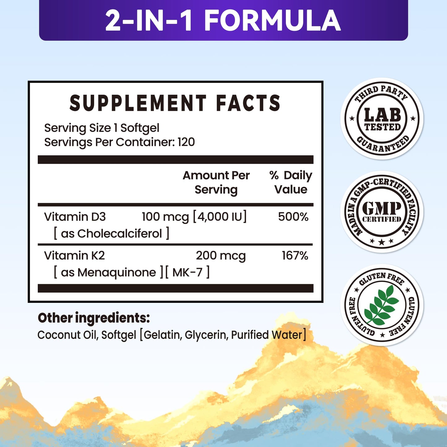 NuvitaGarden Vitamin D3 & K2 (MK-7) Softgels, 120