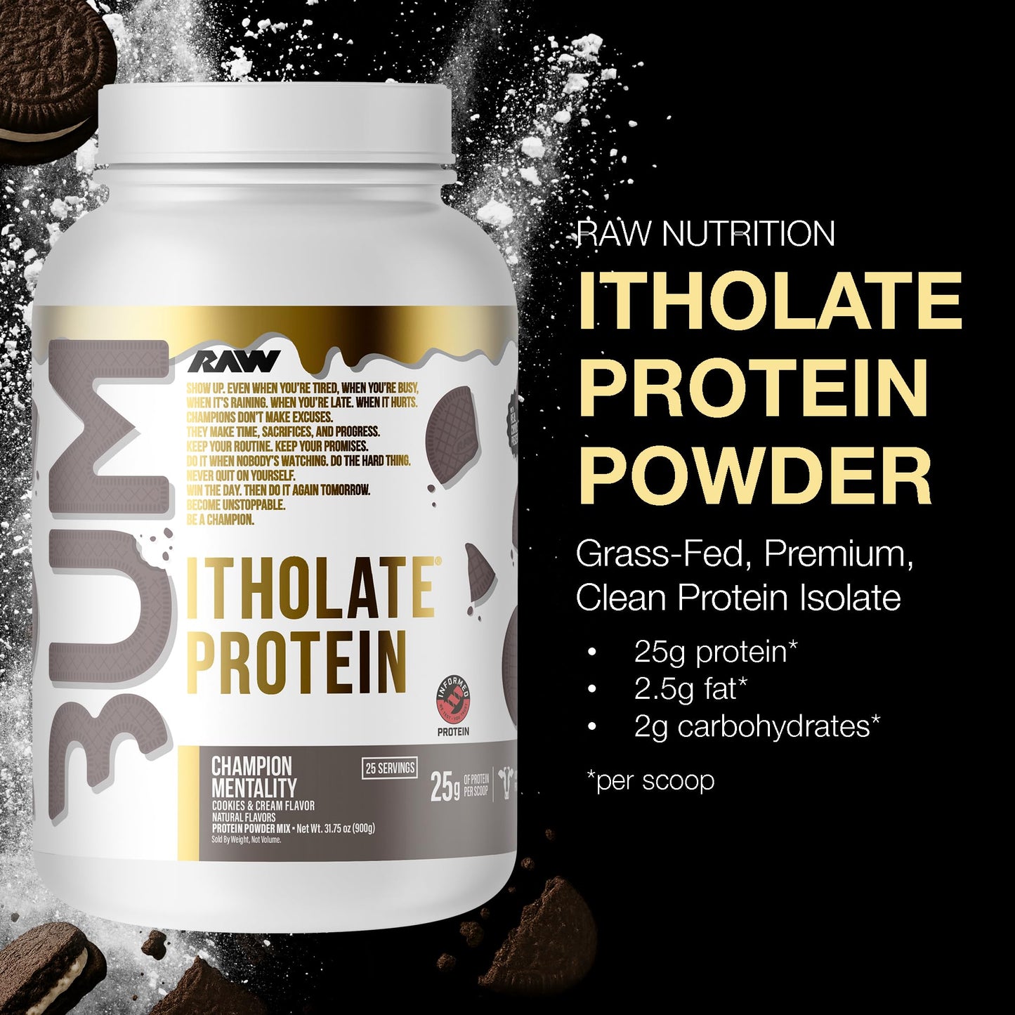 RAW Whey Isolate Protein Powder Cookies & Cream (CBUM Itholate Protein) 31.75 oz, Low-Fat, Low Carb, 25 Servings