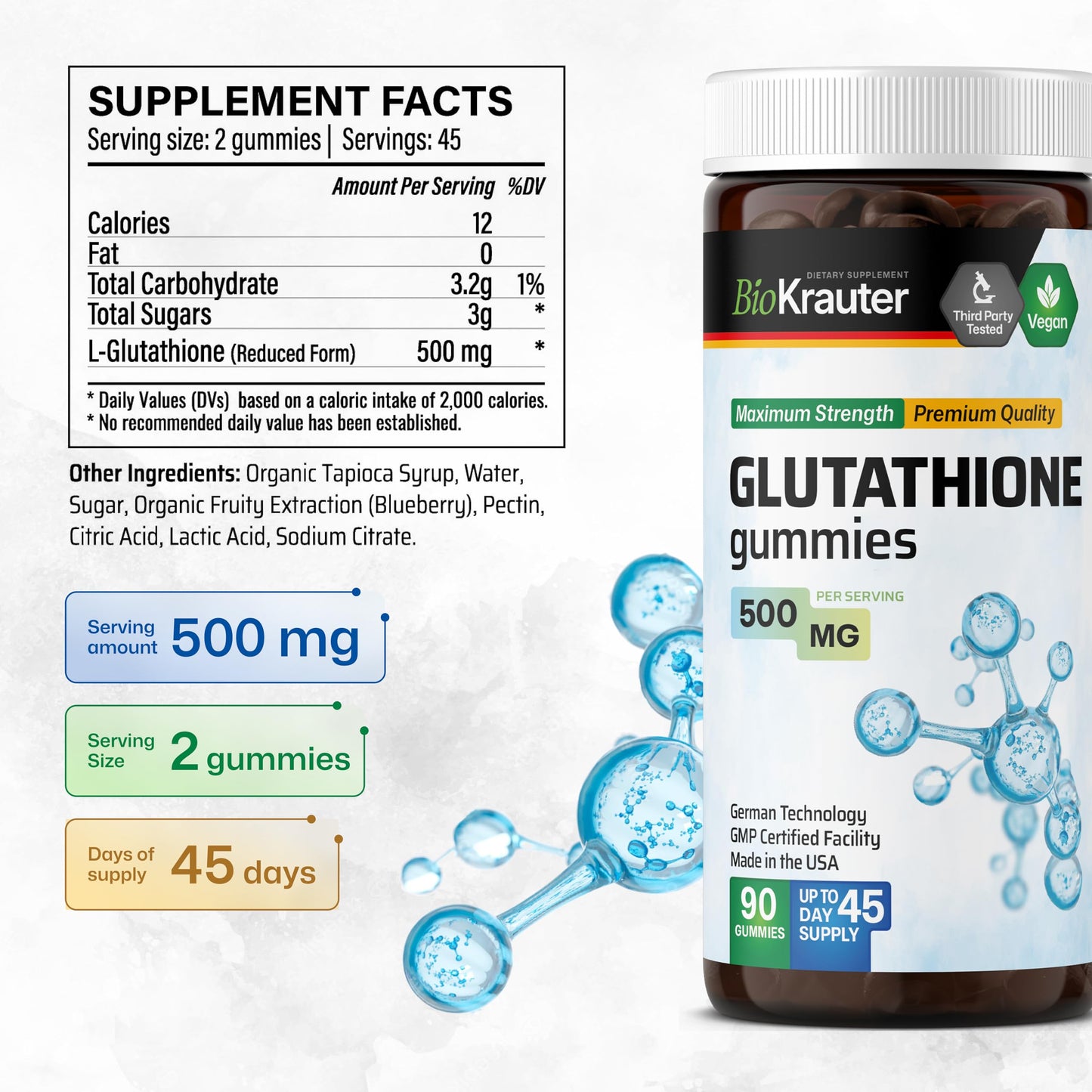 BIO KRAUTER Glutathione Supplement for Skin, Beauty & Antioxidant Support Gummy, 90 Count