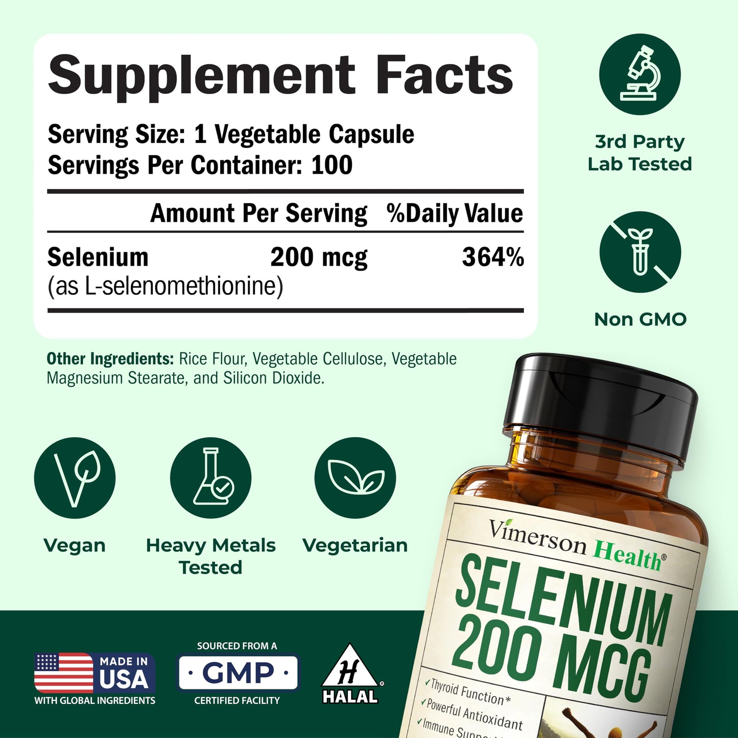 Vimerson Health Selenium 200 mcg Capsules, 100 Count