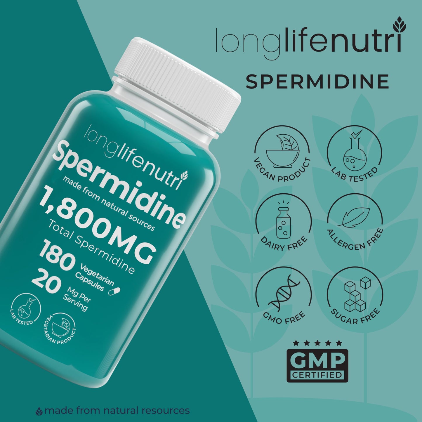 LongLifeNutri Spermidine 20mg Capsules, 180 Count