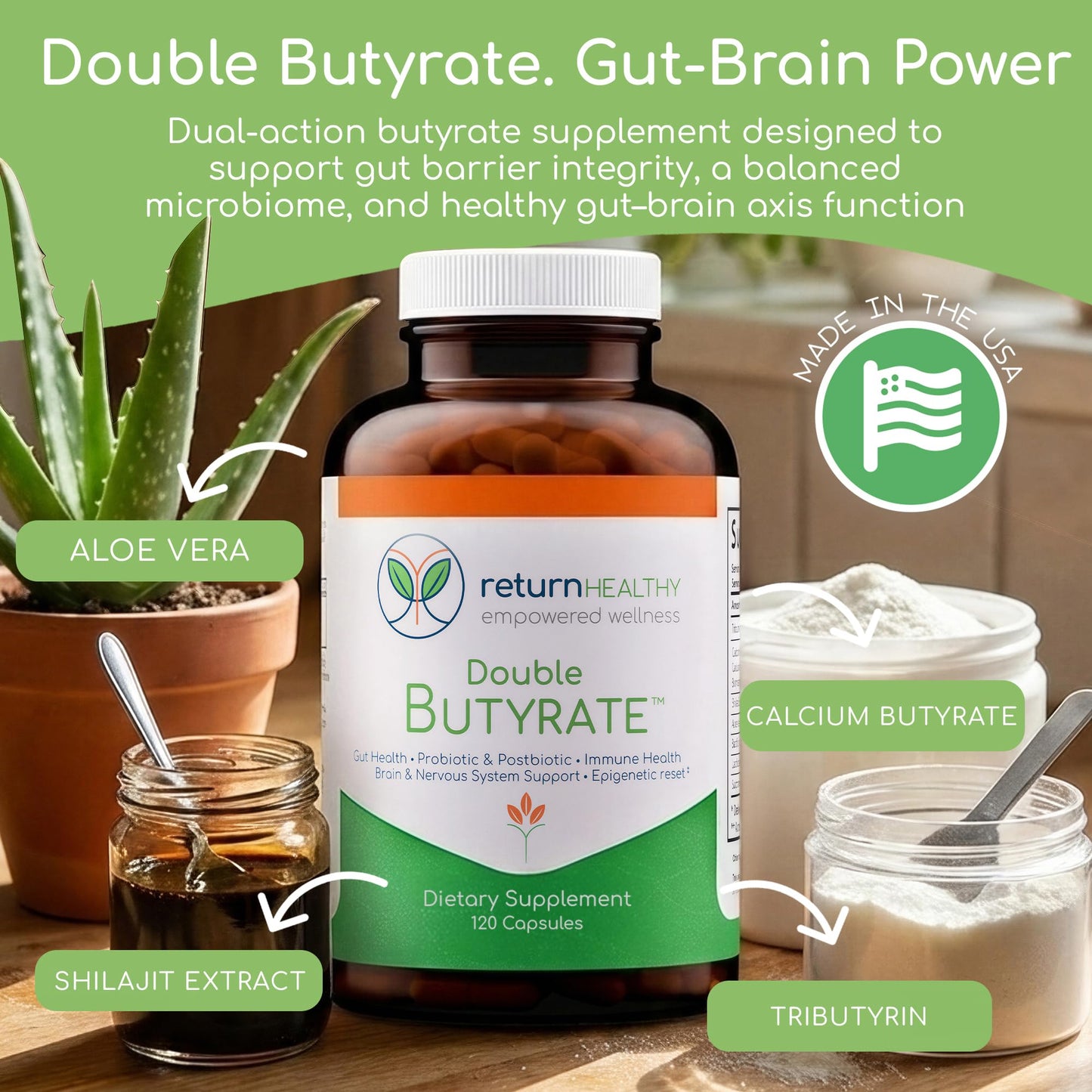 Return Healthy Double Butyrate Gut Health Supplement Capsules 360 Count