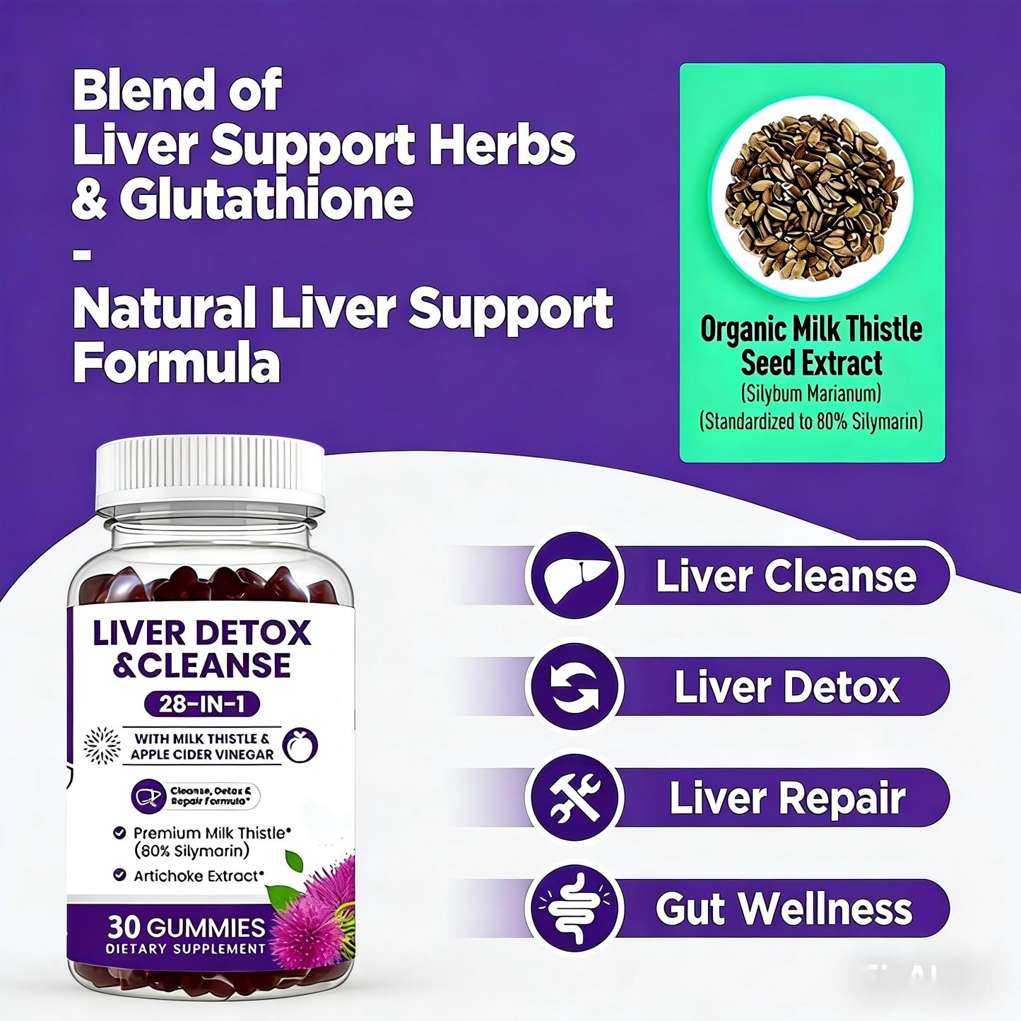 Biduka 28-in-1 Formula Liver Cleanse Detox & Repair Gummies with Milk Thistle & Apple Cider Vinegar, 30 Count