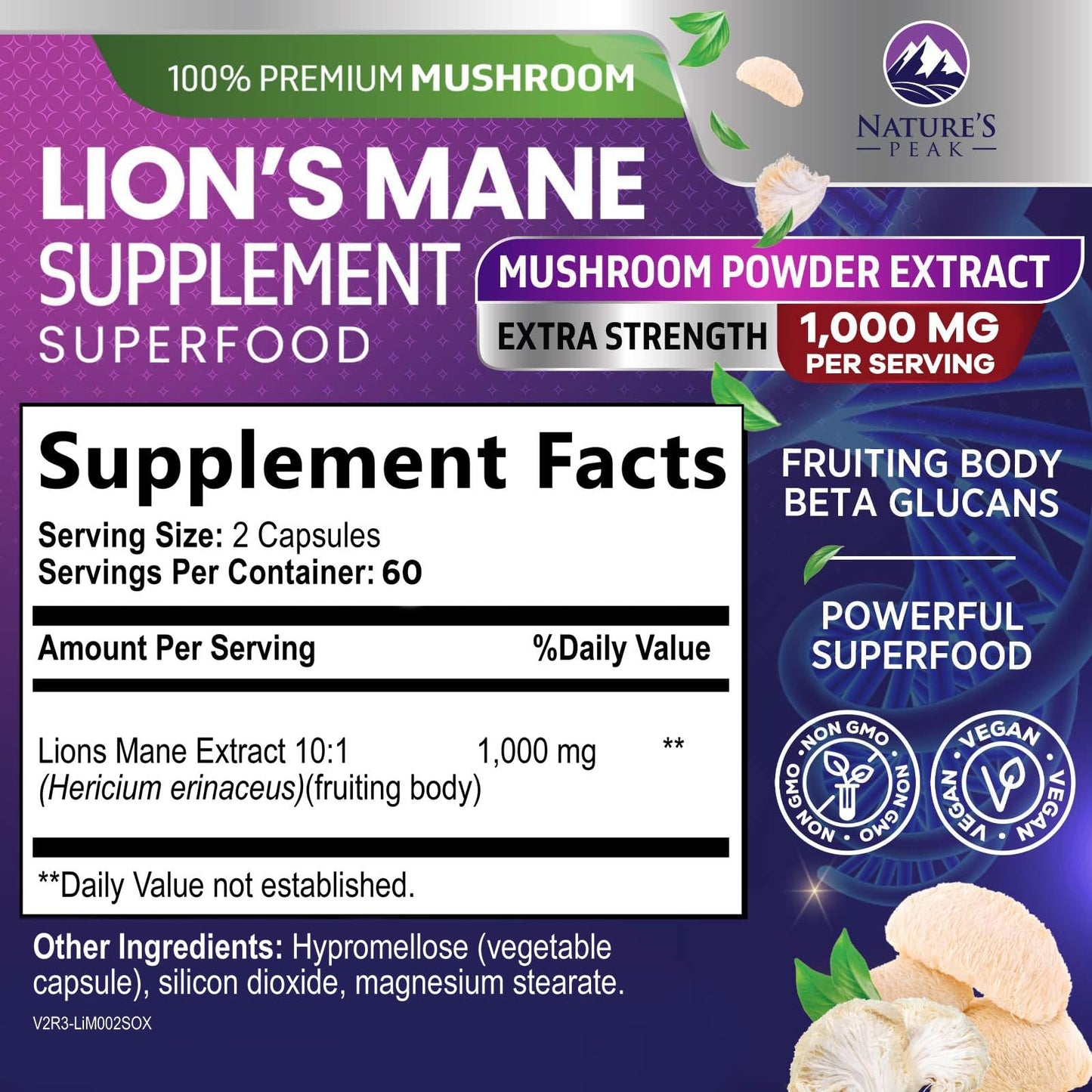 Nature's Peak Lions Mane Supplement Capsules 1000mg per Serving, Extra Strength Lions Mane Mushroom, Brain and Immune Health Support, 120 Capsules